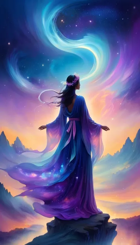 A beautiful woman stands on a cliff looking at the stars, （beautiful silhouette），Surrounded by swirling currents of cosmic energ...