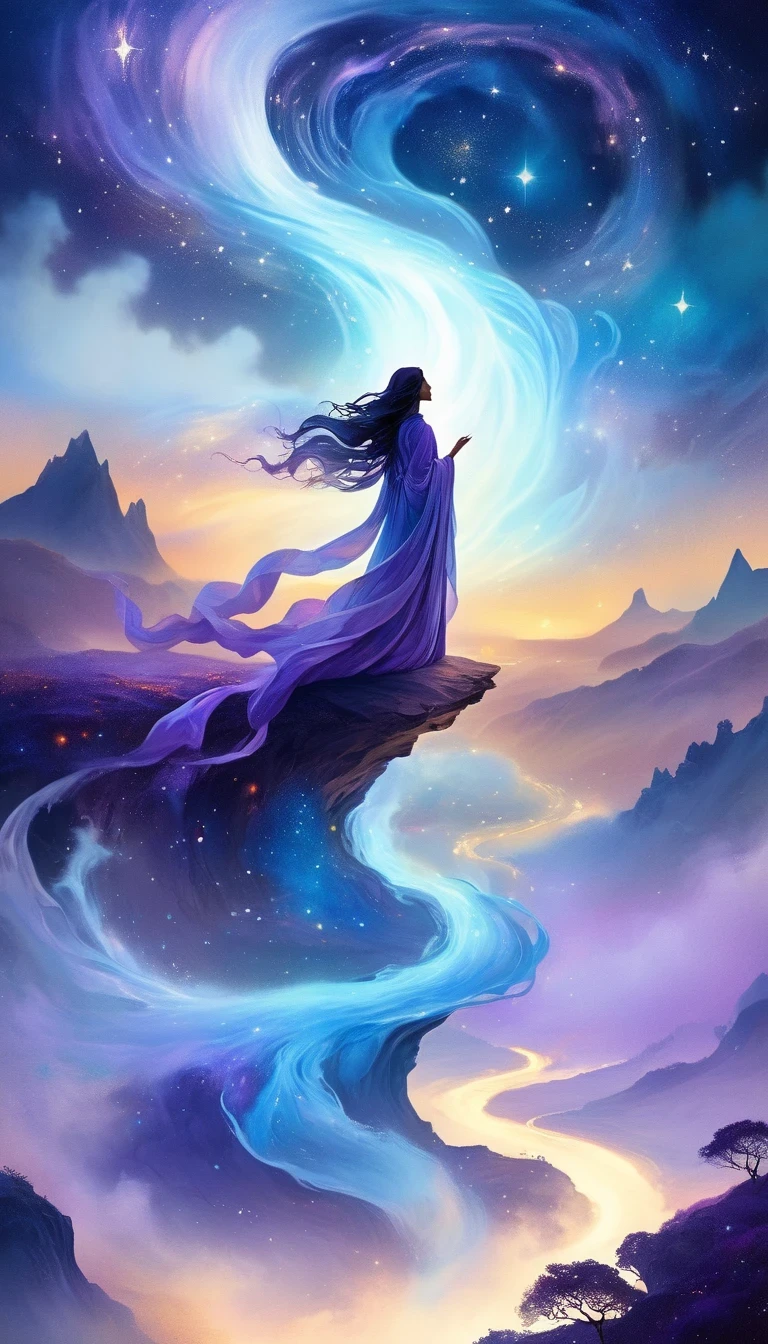 Красивая женщина стоит на скале и смотрит на звезды., （красивый силуэт），Окруженный вихревыми потоками космической энергии.，Окруженный мечтательным, окутанным туманом пейзажем。Фигура закутана в струящийся халат..，Интегрируйтесь с потоками неба и земли。Небо — это гобелен глубоких пурпурных и синих оттенков.，Усеянный звездами，Пейзаж ниже предполагает мягкость.、Катящиеся горы，Астральный эфирный, фантастические цифры, Эфирная сущность, Эфирная фантазия, Неземная красота, цифровое искусство фэнтези, красивая картина в стиле фэнтези, красивое фэнтезийное искусство, потрясающее фэнтезийное искусство, вдохновленный Сирилом Роландо, художественный стиль фэнтези, мягко кружащаяся магическая энергия, цифровая живопись в стиле фэнтези, цифровое искусство фэнтези, Эфирное царство, of Эфирная фантазия