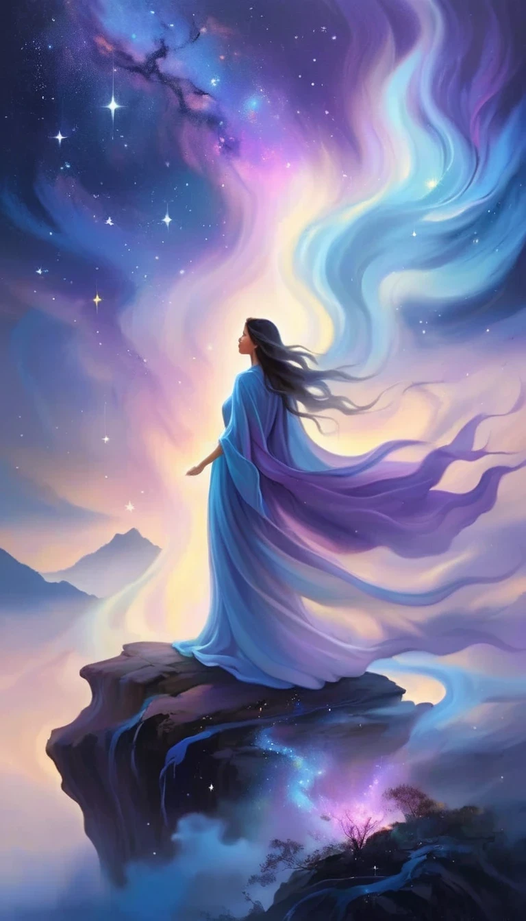 A beautiful woman stands on a cliff looking at the stars, （beautiful silhouette），Surrounded by swirling currents of cosmic energy，Surrounded by a dreamy mist-shrouded landscape。The figure is wrapped in a flowing robe.，Integrate with the streamlines of heaven and earth。The sky is a tapestry of deep purples and blues，Dotted with stars，The landscape below suggests softness、Rolling mountains，Astral ethereal, fantastic numbers, ethereal essence, Ethereal fantasy, ethereal beauty, digital art fantasy, beautiful fantasy painting, beautiful fantasy art, stunning fantasy art, Inspired by Cyril Rolando, fantasy art style, softly swirling magical energy, fantasy digital painting, fantasy digital art, ethereal realm, of Ethereal fantasy