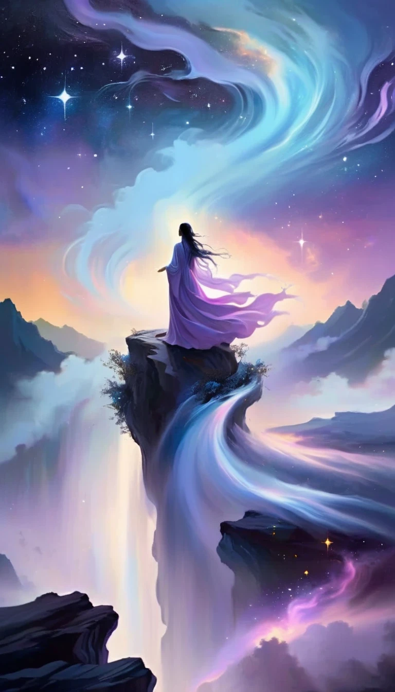 Une belle femme se tient sur une falaise et regarde les étoiles, （Belle silhouette），Entouré de courants tourbillonnants d’énergie cosmique，Entouré d&#39;un paysage de rêve enveloppé de brume。Le personnage est enveloppé dans une robe fluide.，Intégrez-vous aux lignes rationalisées du ciel et de la terre。Le ciel est une tapisserie de violets et de bleus profonds，Parsemé d&#39;étoiles，Le paysage ci-dessous suggère la douceur、Montagnes vallonnées，astral éthéré, nombres fantastiques, Essence éthérée, Fantaisie éthérée, beauté éthérée, fantaisie d&#39;art numérique, belle peinture fantastique, bel art fantastique, Un art fantastique époustouflant, inspiré par Cyril Rolando, style artistique fantastique, énergie magique tourbillonnant doucement, peinture numérique fantastique, Art numérique fantastique, Royaume éthéré, of Fantaisie éthérée