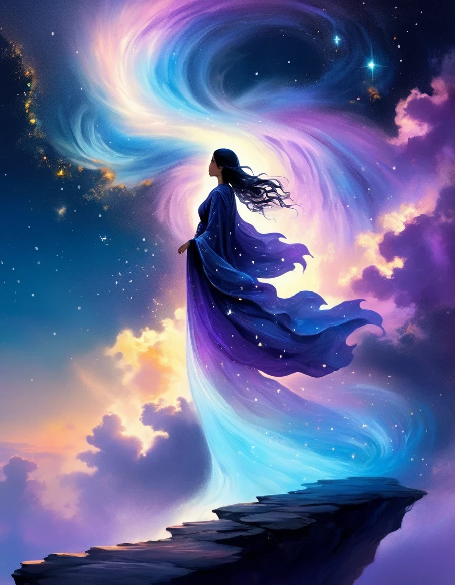 美しい女性が崖の上に立って星を眺めている, （美しいシルエット），小さくて高い鼻，宇宙エネルギーの渦巻く流れに囲まれて，夢のような霧に包まれた風景に囲まれて。人物はゆったりとしたローブに包まれている.，天地の流れに溶け込む。空は深い紫と青のタペストリーです，星が点在，下の風景は柔らかさを示唆している、起伏のある山々，アストラル, 素晴らしい数字, 霊妙なエッセンス, 幻想的なファンタジー, 天上の美しさ, デジタルアート ファンタジー, 美しいファンタジー絵画, 美しいファンタジーアート, 素晴らしいファンタジーアート, シリル・ロランドに触発されて, ファンタジーアートスタイル, 静かに渦巻く魔法のエネルギー, ファンタジーデジタルペインティング, ファンタジーデジタルアート, エーテル界, of 幻想的なファンタジー