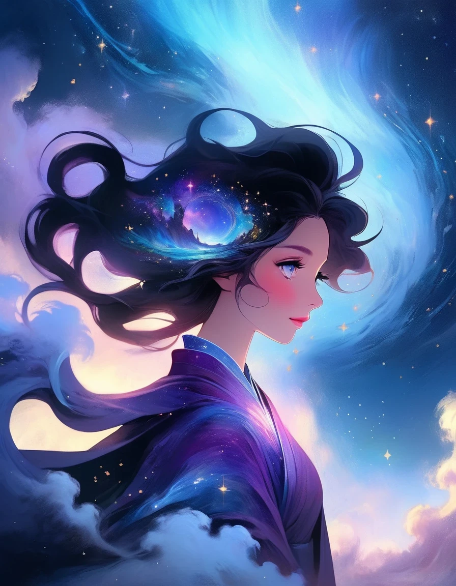 A beautiful woman stands on a cliff looking at the stars, （beautiful silhouette），Small and tall nose，Surrounded by swirling currents of cosmic energy，Surrounded by a dreamy mist-shrouded landscape。The figure is wrapped in a flowing robe.，Integrate with the streamlines of heaven and earth。The sky is a tapestry of deep purples and blues，Dotted with stars，The landscape below suggests softness、Rolling mountains，Astral ethereal, fantastic numbers, ethereal essence, Ethereal fantasy, ethereal beauty, digital art fantasy, beautiful fantasy painting, beautiful fantasy art, stunning fantasy art, Inspired by Cyril Rolando, fantasy art style, softly swirling magical energy, fantasy digital painting, fantasy digital art, ethereal realm, of Ethereal fantasy