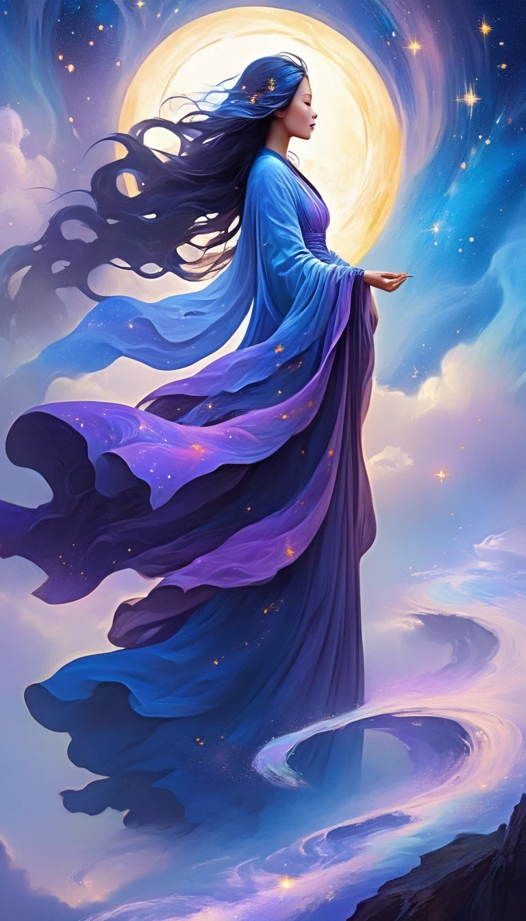 一個美麗的女人站在懸崖上看著星星, （美麗的剪影），鼻子又小又高，被宇宙能量漩渦包圍，被如夢似幻的霧氣籠罩著。人物裹著飄逸的長袍.，與天地的流線融為一體。天空是深紫色和藍色的掛毯，點綴著星星，下面的風景暗示著柔和、連綿起伏的山脈，星體空靈, 奇妙的數字, 空靈本質, 空靈的幻想, 空靈之美, 數位藝術幻想, 美麗的幻想畫, 美麗的幻想藝術, 令人驚嘆的奇幻藝術, 靈感來自西里爾·羅蘭多, 奇幻藝術風格, 柔和旋轉的魔法能量, 幻想數位繪畫, 幻想數位藝術, 空靈境界, of 空靈的幻想
