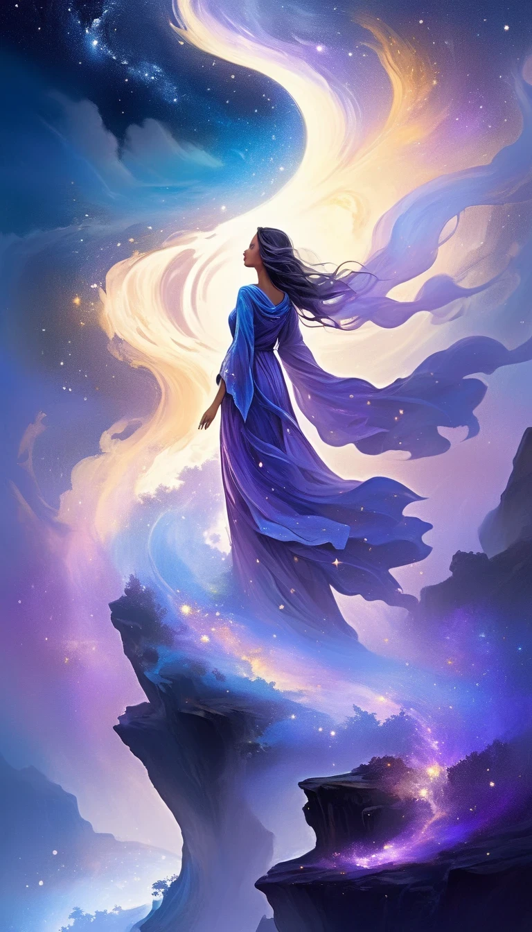 A beautiful woman stands on a cliff looking at the stars, （beautiful silhouette），Small and tall nose，Surrounded by swirling currents of cosmic energy，Surrounded by a dreamy mist-shrouded landscape。The figure is wrapped in a flowing robe.，Integrate with the streamlines of heaven and earth。The sky is a tapestry of deep purples and blues，Dotted with stars，The landscape below suggests softness、Rolling mountains，Astral ethereal, fantastic numbers, ethereal essence, Ethereal fantasy, ethereal beauty, digital art fantasy, beautiful fantasy painting, beautiful fantasy art, stunning fantasy art, Inspired by Cyril Rolando, fantasy art style, softly swirling magical energy, fantasy digital painting, fantasy digital art, ethereal realm, of Ethereal fantasy