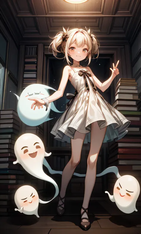 (full body:1.5).cute_face.standing.Adult.    . Whole body.a cute 
A mischievous ghost girl is floating in a moonlit room, with a...