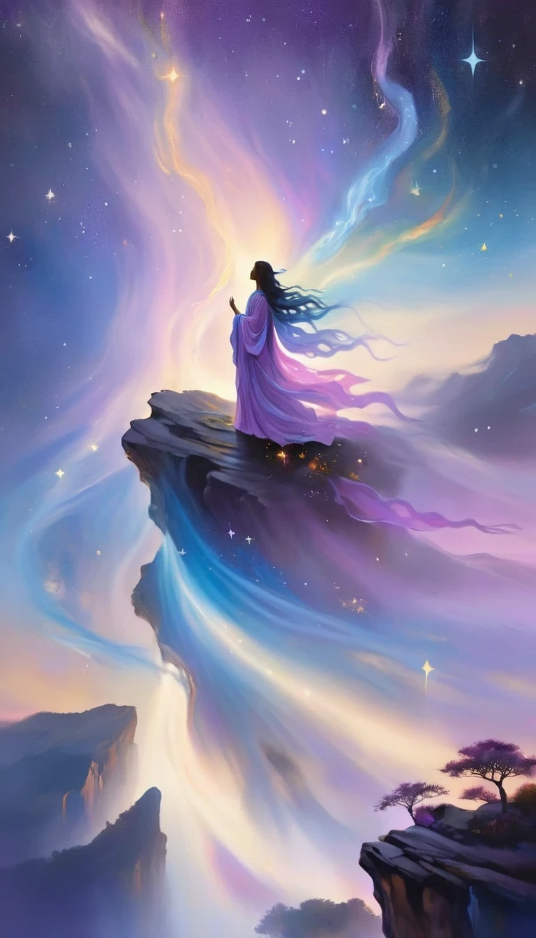 A beautiful woman stands on a cliff looking at the stars, （beautiful silhouette），Small and tall nose，Surrounded by swirling currents of cosmic energy，Surrounded by a dreamy mist-shrouded landscape。The figure is wrapped in a flowing robe.，Integrate with the streamlines of heaven and earth。The sky is a tapestry of deep purples and blues，Dotted with stars，The landscape below suggests softness、Rolling mountains，Astral ethereal, fantastic numbers, ethereal essence, Ethereal fantasy, ethereal beauty, digital art fantasy, beautiful fantasy painting, beautiful fantasy art, stunning fantasy art, Inspired by Cyril Rolando, fantasy art style, softly swirling magical energy, fantasy digital painting, fantasy digital art, ethereal realm, of Ethereal fantasy