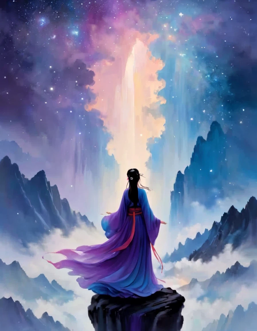 A woman standing on a cliff looking at the stars, Astral ethereal, fantastic numbers, ethereal essence, Ethereal fantasy, ethereal beauty, digital art fantasy, beautiful fantasy painting, beautiful fantasy art, stunning fantasy art, Inspired by Cyril Rolando, fantasy art style, softly swirling magical energy, fantasy digital painting, fantasy digital art,Surrounded by swirling currents of cosmic energy，Surrounded by a dreamy mist-shrouded landscape。The figure is wrapped in a flowing robe.，Integrate with the streamlines of heaven and earth。The sky is a tapestry of deep purples and blues，Dotted with stars，The landscape below suggests softness、Rolling mountains。The scene is serene and sublime，with an awe、brooding figures capture the majestic nature of the universe。From front and center to ghostly smoke, Transition from entity to ghost, Starry sky and clouds in the background, A wise, powerful and calm sense of the universe, glowing eyes, Rich and detailed, psychedelic style, fantasy style, movie style, dramatic style, style,