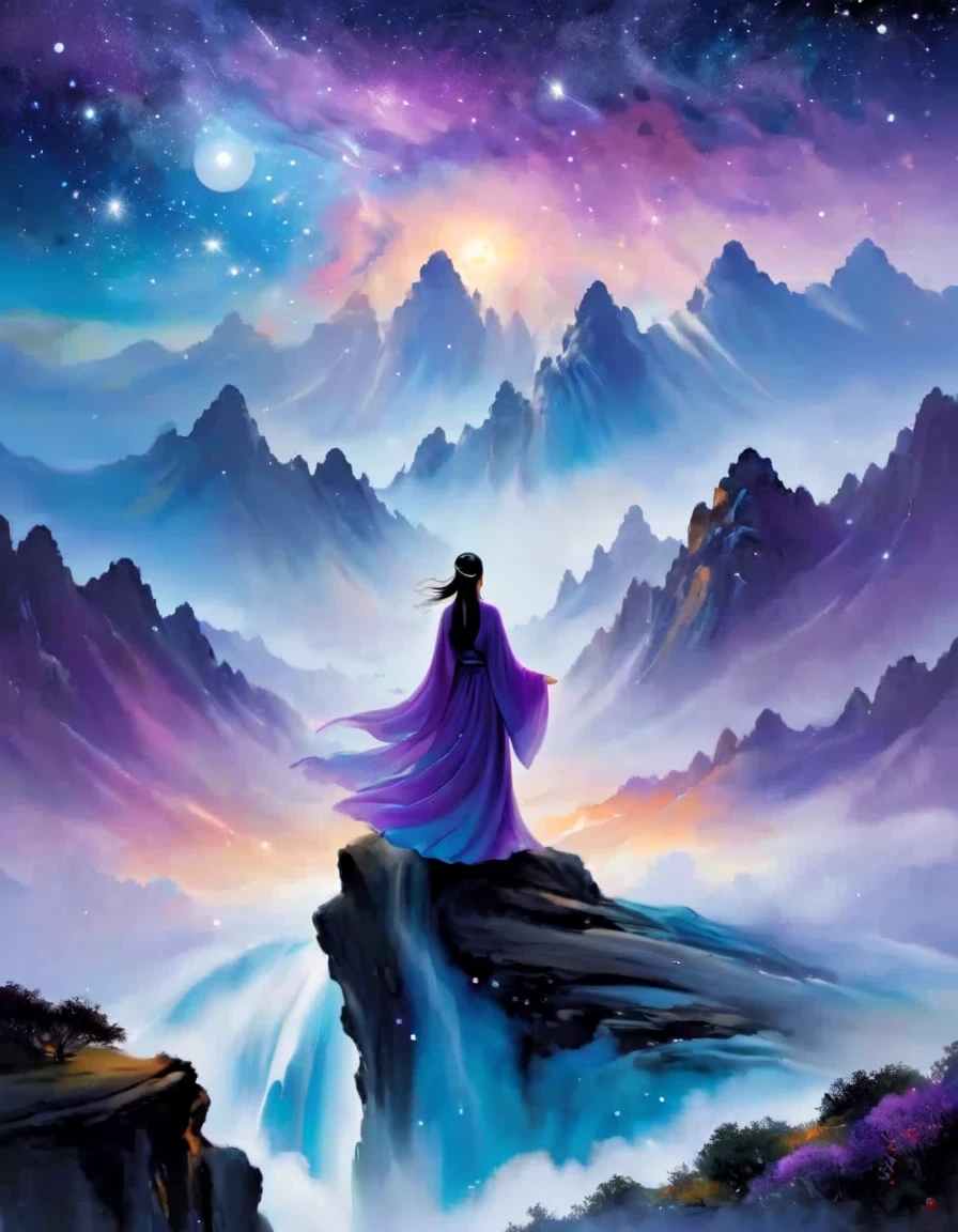 uma mulher parada em um penhasco olhando para as estrelas, astral etéreo, Números fantásticos, essência etérea, Fantasia Etérea, beleza etérea, fantasia de arte digital, bela pintura de fantasia, bela arte de fantasia, arte de fantasia deslumbrante, inspirado em Cirilo Rolando, fantasy art estilo, energia mágica girando suavemente, pintura digital de fantasia, arte digital de fantasia,Cercado por correntes rodopiantes de energia cósmica，Rodeado por uma paisagem sonhadora envolta em névoa。A figura está envolta em um manto esvoaçante.，Integre-se com as correntes do céu e da terra。O céu é uma tapeçaria de roxos e azuis profundos，Pontilhado com estrelas，A paisagem abaixo sugere suavidade、Montanhas onduladas。A cena é serena e sublime，com um espanto、figuras melancólicas capturam a natureza majestosa do universo。Da frente e do centro à fumaça fantasmagórica, Transição de entidade para fantasma, céu estrelado e nuvens ao fundo, Um sábio, uma sensação poderosa e calma do universo, olhos brilhantes, rico e detalhado, psychedelic estilo, fantasy estilo, movie estilo, dramatic estilo, estilo,