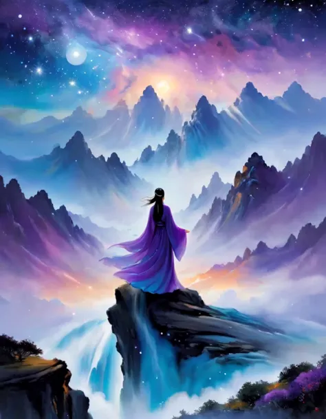 A woman standing on a cliff looking at the stars, Astral ethereal, fantastic numbers, ethereal essence, Ethereal fantasy, ethere...