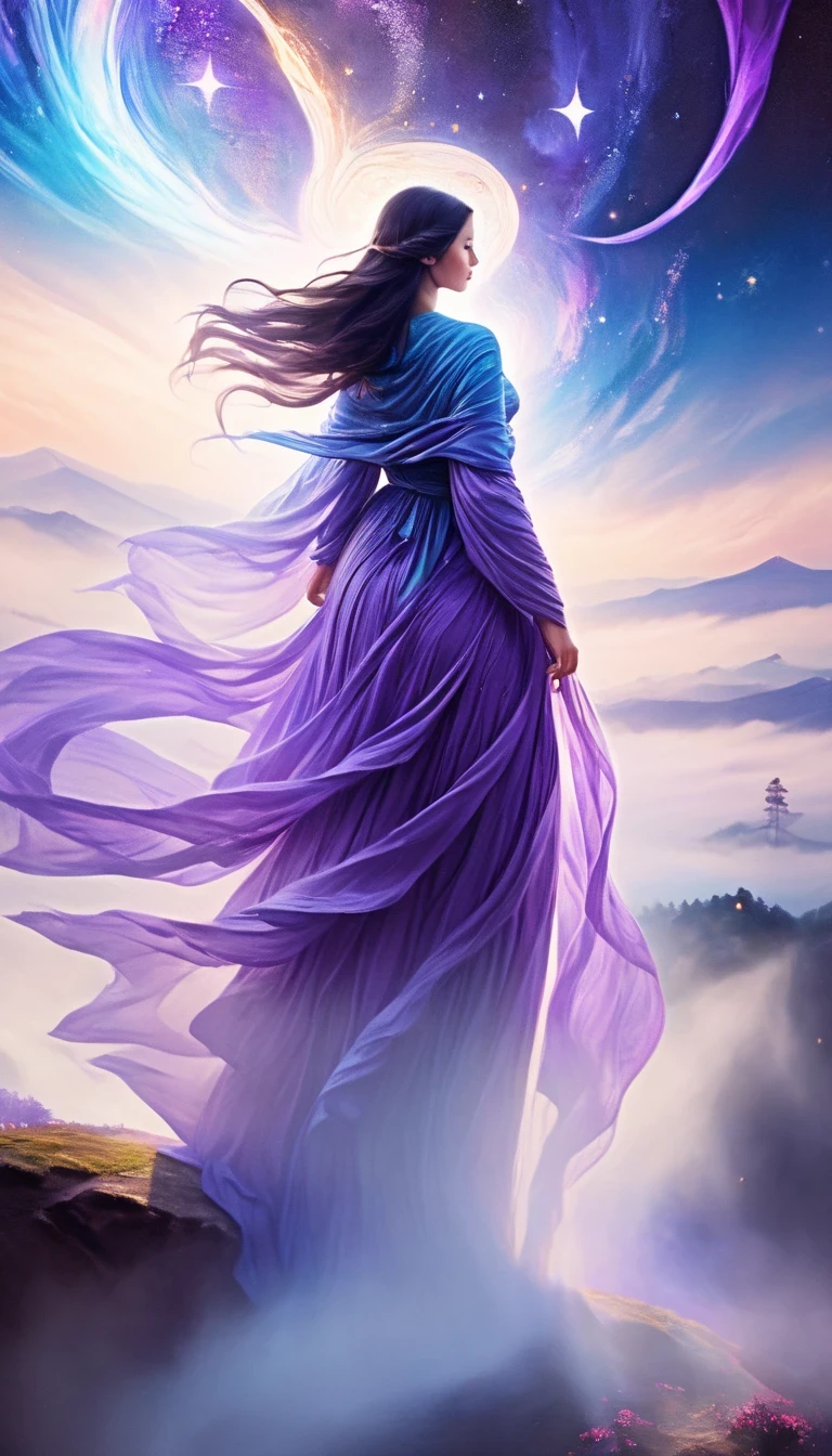 A beautiful woman stands on a cliff looking at the stars, （beautiful silhouette），Small and tall nose，Surrounded by swirling currents of cosmic energy，Surrounded by a dreamy mist-shrouded landscape。The figure is wrapped in a flowing robe.，Integrate with the streamlines of heaven and earth。The sky is a tapestry of deep purples and blues，Dotted with stars，The landscape below suggests softness、Rolling mountains，Astral ethereal, fantastic numbers, ethereal essence, Ethereal fantasy, ethereal beauty, digital art fantasy, beautiful fantasy painting, beautiful fantasy art, stunning fantasy art, Inspired by Cyril Rolando, fantasy art style, softly swirling magical energy, fantasy digital painting, fantasy digital art, ethereal realm, of Ethereal fantasy