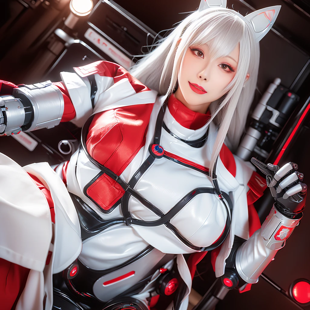 masterpiece, (best quality), (Super detailed), (surreal:1.2), female robot, Mechanical body，mechanical nurse，Mechanical armor(White,red)，dynamic poses, Dynamic angle, beautiful breasts，The face is rain wave_haneame，Have medical equipment on hand
