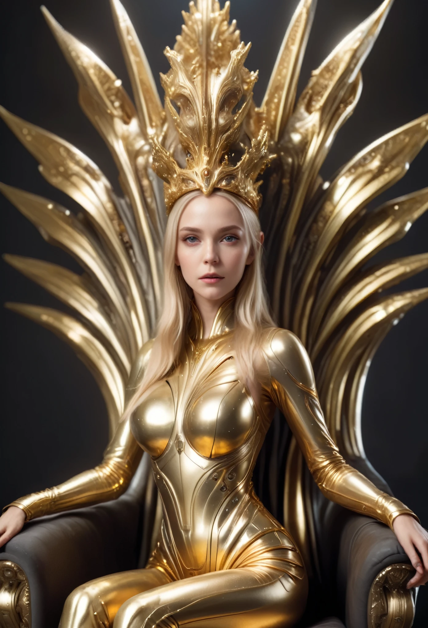 full body shot, masterpiece, best quality, (photorealistic:1.4), a photo of a beautiful blonde woman, wearing gold alienzkin clothing, gold alienzkin crown, futuristic throne, 