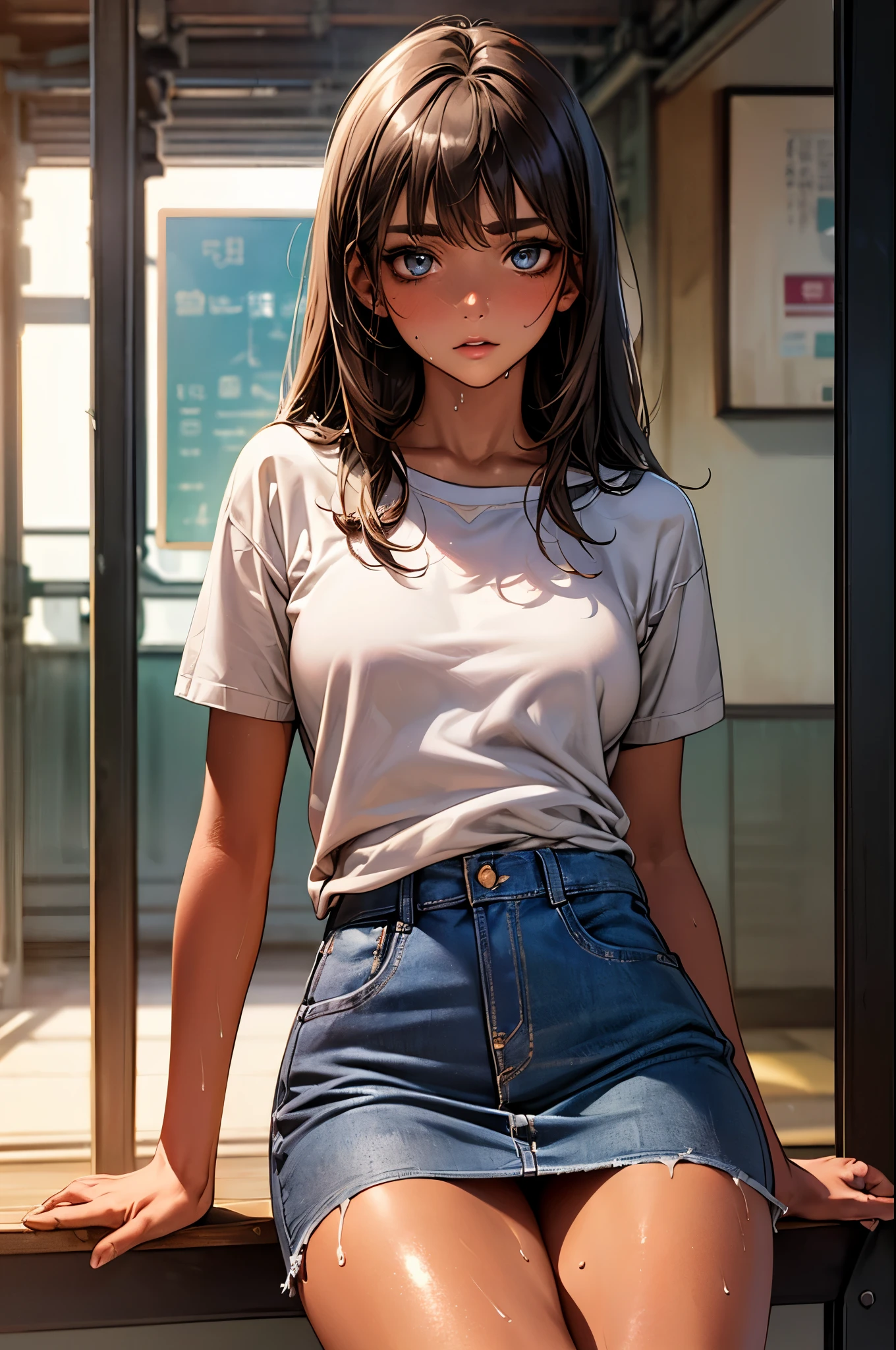 ((perfect anatomy:1.2,realistic:1.3,RAW Photography:1.3,masterpiece、highest quality、Ultra - High resolution、High resolution、Highly detailed CG、8K)),cowboy shot,1 female,solo,18 year old beauty, Japanese、((beautiful detailed face and eyes:1.2,big gorgeous eyes:1.2)),dark brown hair,long hair,bangs,medium breasts,slender body,small head:1.5,skinny,(brown skin:1.4),(oily skin,gleaming skin,shiny skin,sweat),(Oversized light_gray sweatshirt,Denim tight mini skirt、white socks、black loafer shoes),sitting,on the train,Tokyo、