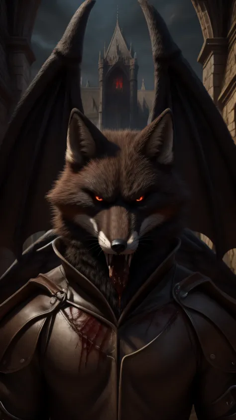dark lord fox male fursuit looking at the viewer seriously angry expression open black wings totally destroyed medieval background blood horror art