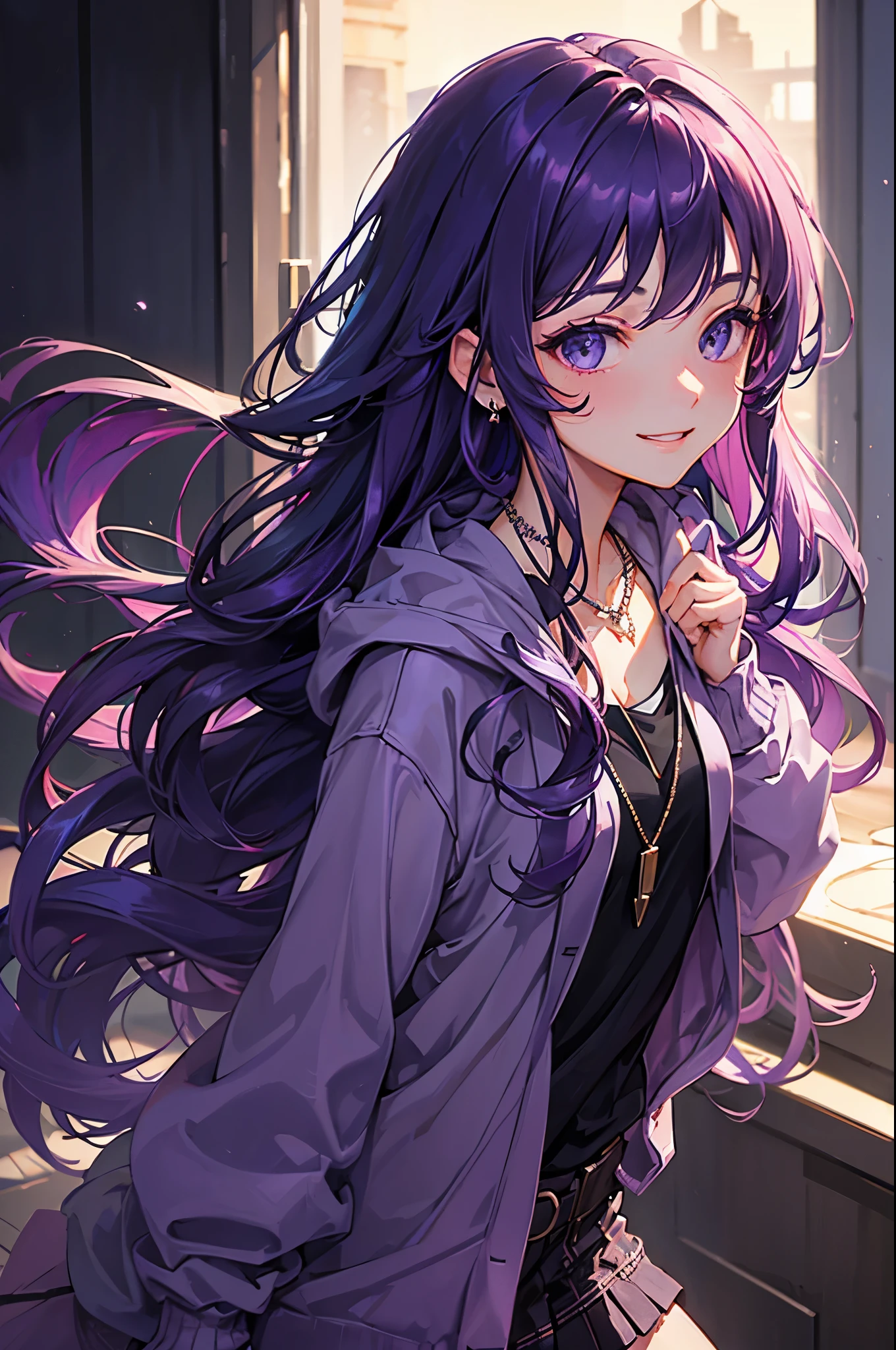 Anime girl with long purple hair and purple jacket looking out window -  SeaArt AI