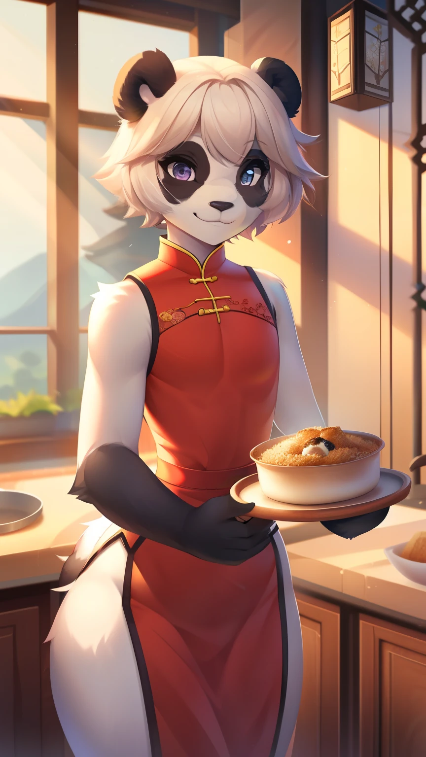 Best quality, Super detailed illustration, (1 boy:1.2), (Fluffy panda:1.4) , feminine face and body, disheveled thick hair, Chinese dress, cook, shy smile, femboy, small waist, wide hips, slim, perfect body, style &quot;DND&quot;