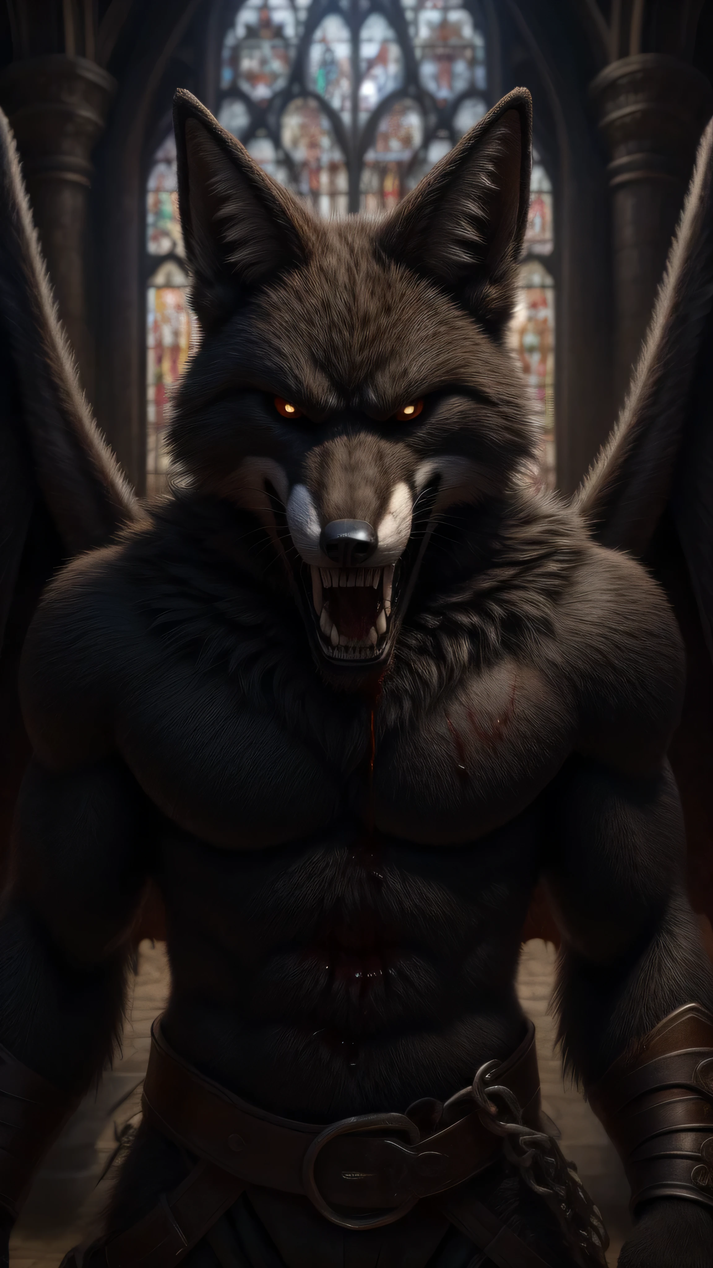 Dark Lord Fox Fursuit masculino mirando al espectador expresión seriamente enojada alas negras abiertas Dientes caninos súper afilados totalmente destruidos fondo medieval arte de terror de sangre