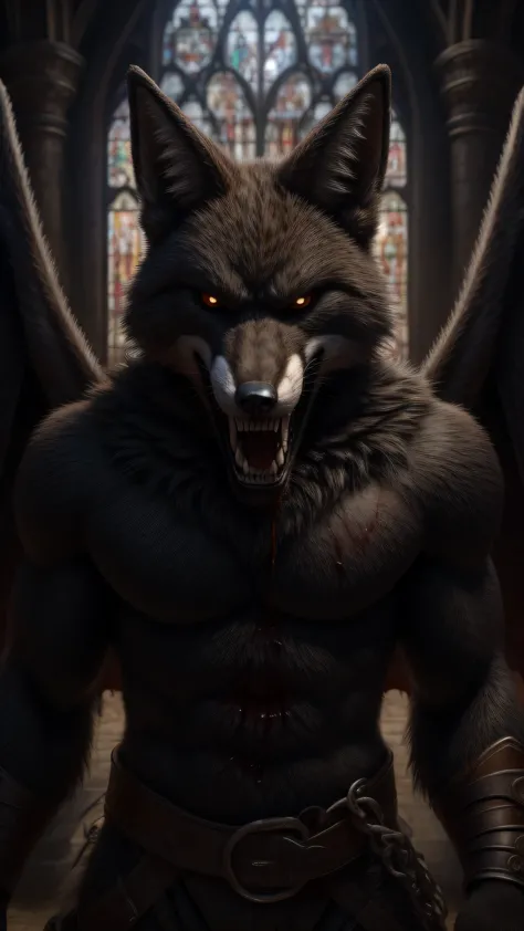 dark lord fox male fursuit looking at the viewer seriously angry expression open black wings Super sharp canine teeth totally destroyed medieval background blood horror art