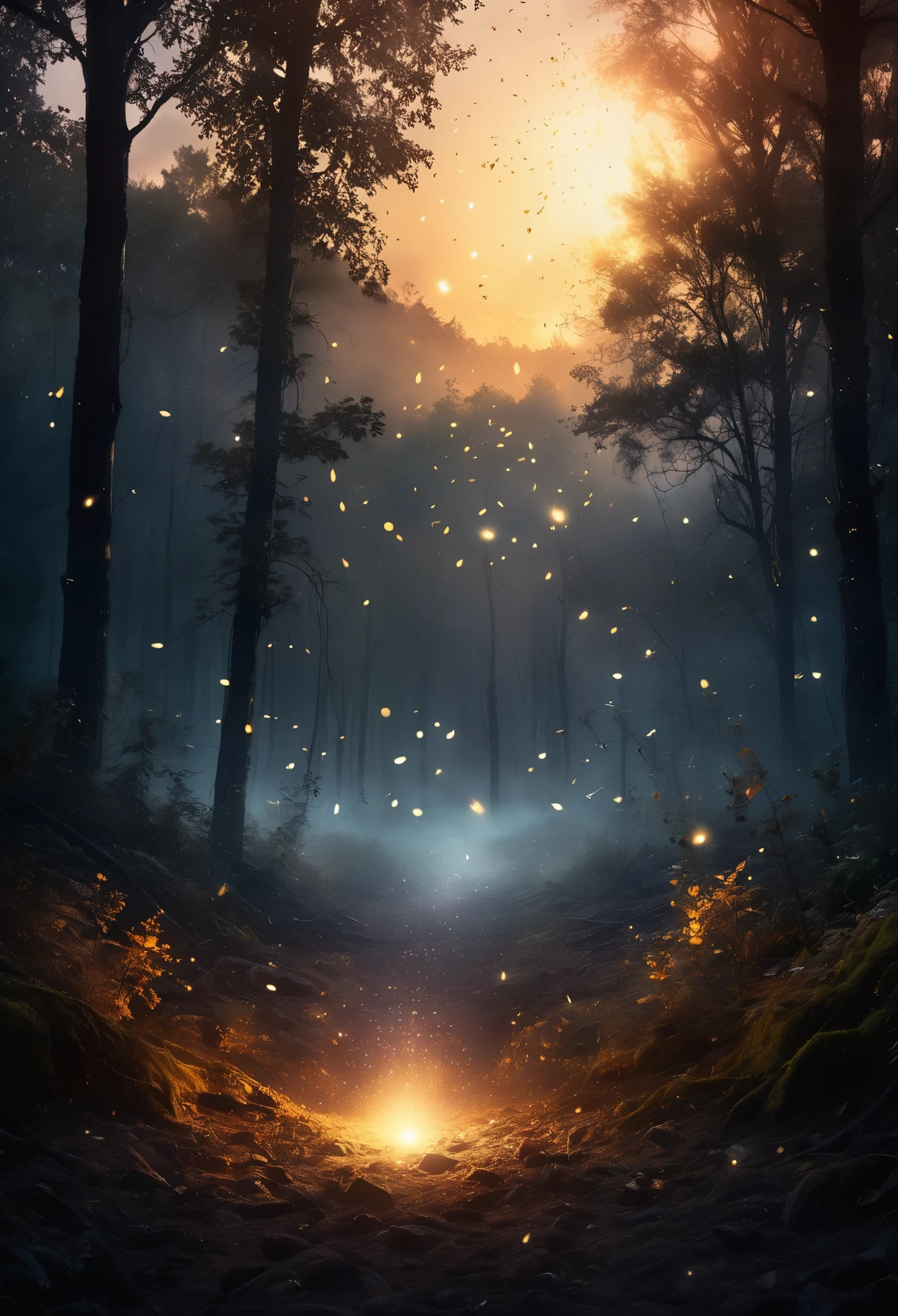 dark fantasy world，Dust sparkles under the Tyndall effect, in dense forest, dark and charming heart, Tyndall effect brings dust particles to life, Ordinary dust becomes a dazzling display, To the already dreamy setting of wishes, sunset，darkness fallen, Unforgettable beautiful scenes,