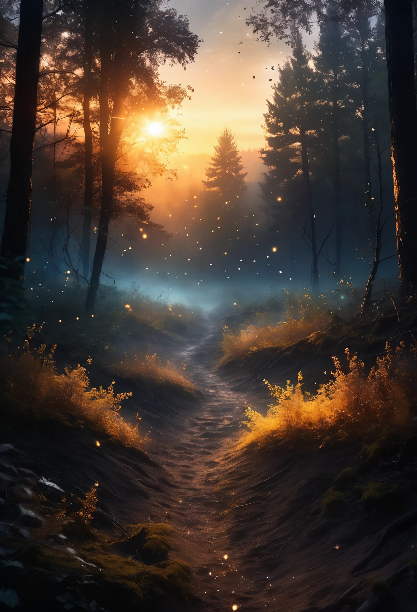 dark fantasy world，Dust sparkles under the Tyndall effect, in dense forest, dark and charming heart, Tyndall effect brings dust particles to life, Ordinary dust becomes a dazzling display, To the already dreamy setting of wishes, sunset，darkness fallen, Unforgettable beautiful scenes,