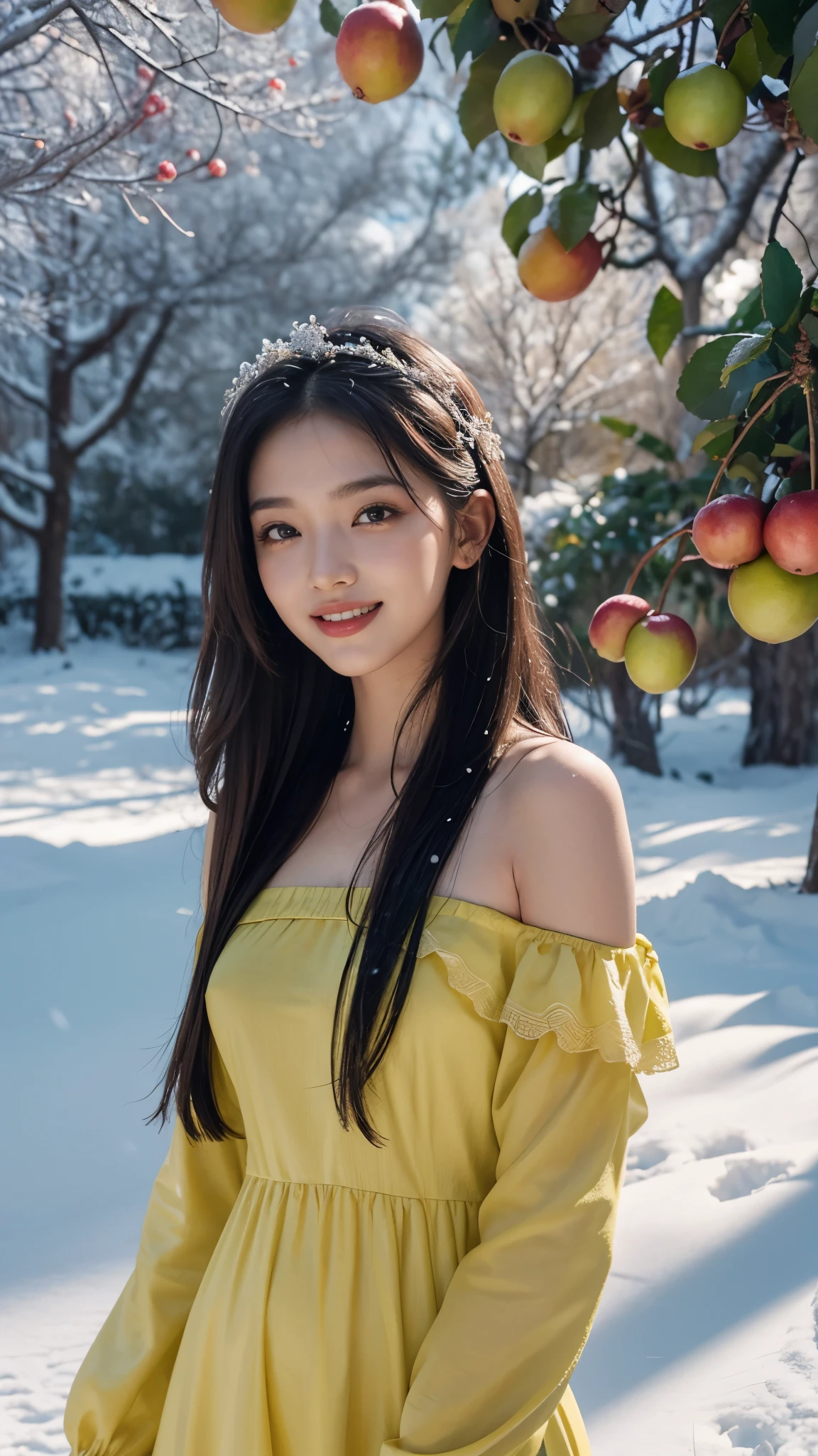 8k, masterpiece, RAW photo, best quality, photorealistic, extremely detailed CG unity 8k wallpaper, Depth of field, Cinematic Light, Lens Flare, Ray tracing, (extremely beautiful face, beautiful lips, beautiful eyes), intricate detail face, ((ultra detailed skin)) 1girl, in the dark, deep shadow, pretty Asian girl, idol, 1 girl, (very slim slender fit-muscled body:1.3), ((looking at viewer)),((big smile:1.3)), Women Summer Buffing Sleeve Off Shoulder Mini Dress a Line Flowy Swing Dress, lime green, verde claro, cetim, Este, vestido de cetim, organza silk, ((Standing in front of Guava Fruits trees)), ((too many Guava Fruits in trees)), ((Perfect yellow Guava Fruits)), ((Rose trees)), ((pine trees)), ((Snow Fall)), ((Snow Fall on fruits)), ((snow fall on trees))