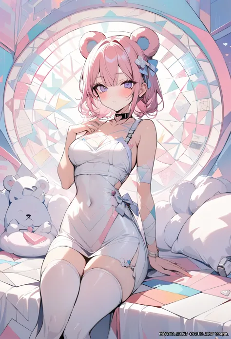 ,beautiful flower々）,mole under eye, heart shaped choker, (masterpiece, highest quality), official art, beautiful and aesthetic: 1.2), (1 girl), very detailed, (geometry art: 1.3), colorful、pink bob hair、bear ears、 whole body