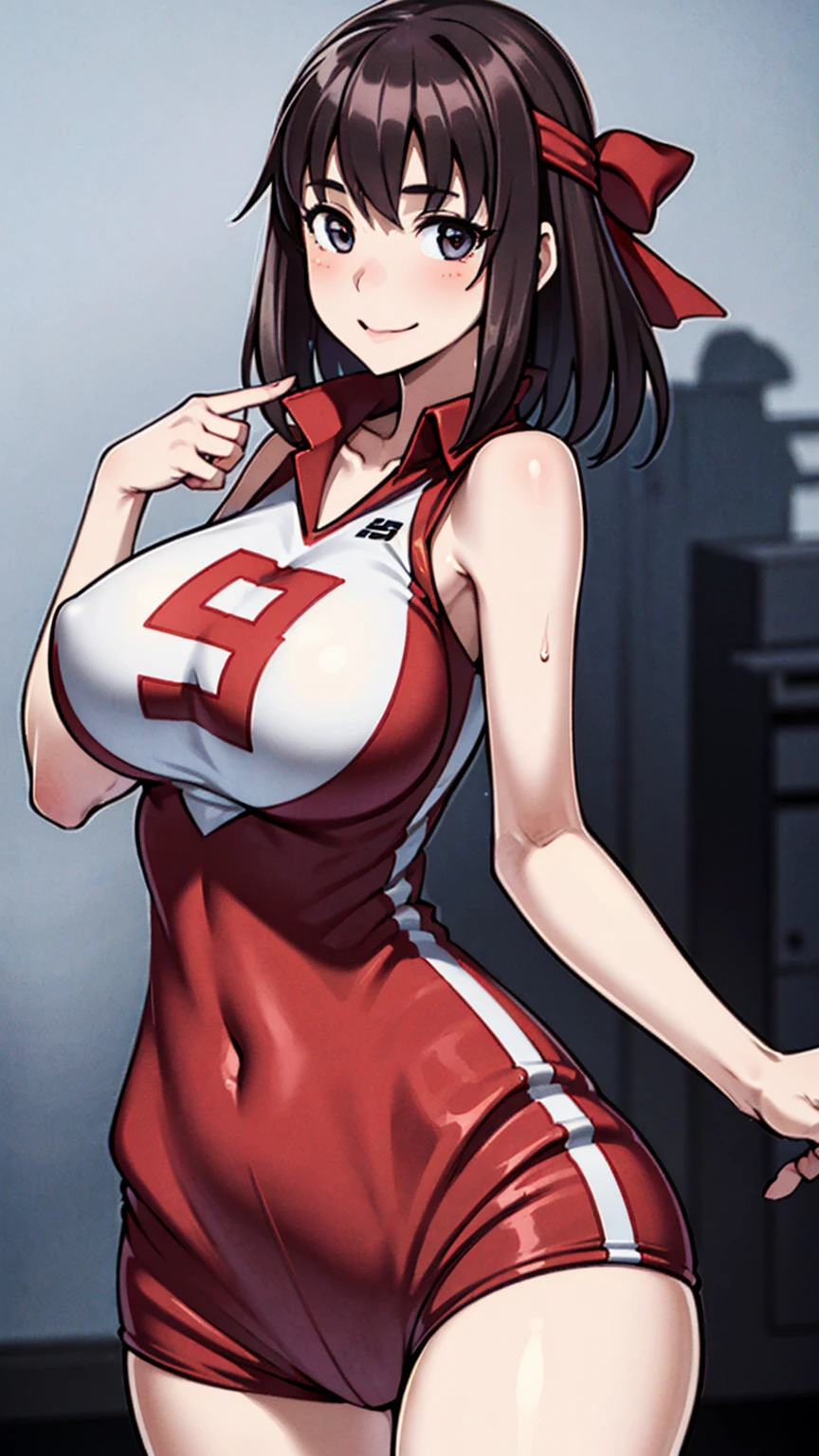 best quality, masterpiece, ultra-detailed, 
1girl, solo, kondou taeko, looking at viewer, smile, 
red headband, volleyball uniform, sportswear, huge breasts, sleeveless, 