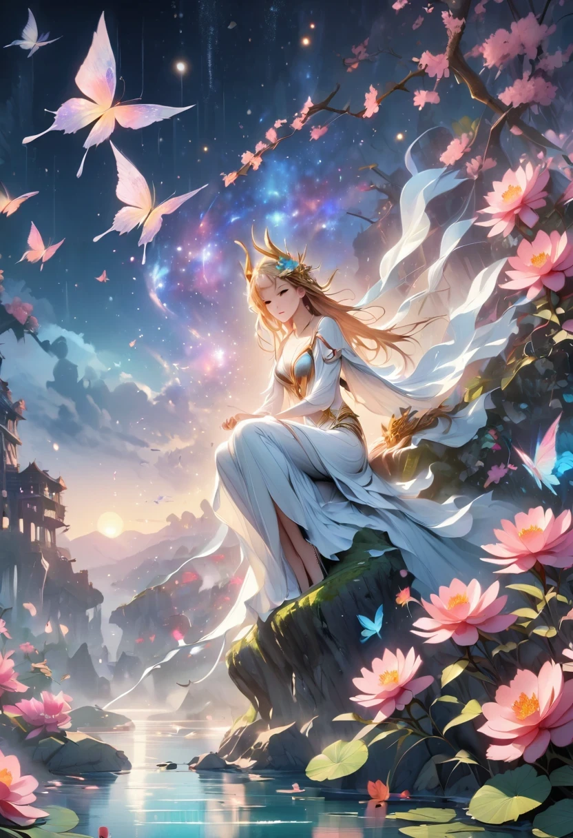 1 girl, (3D sculpture，A woman in a long dress stands on a cliff looking at the stars, space goddess, galaxy goddess, goddess in heaven, Astral ethereal, Dreamy, Beautiful celestial mage, beautiful fantasy painting, beautiful fantasy art, Ethereal fantasy, very beautiful fantasy art, digital art fantasy, Charming and otherworldly, fantasy beauty, Beautiful Art Ultra HD 4K Presented by Octane，Volumetric light，natural soft light，), (Super exquisite:1.2, Loss of focus:1.2, Very colorful, Cinema lighting, chiaroscuro,Ray tracing), masterpiece, super rich,super detailed,8K, 3ddianshang\(style\)