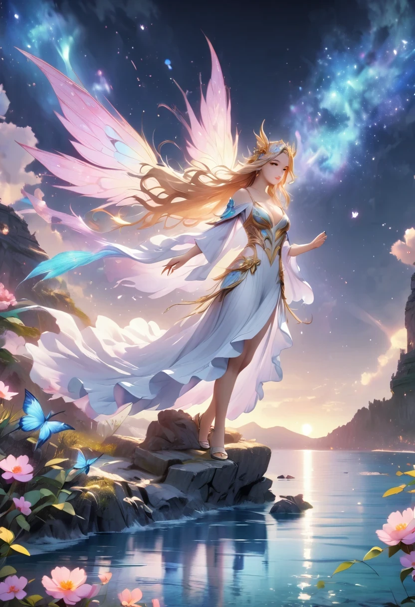 1 girl, (3D sculpture，A woman in a long dress stands on a cliff looking at the stars, space goddess, galaxy goddess, goddess in heaven, Astral ethereal, Dreamy, Beautiful celestial mage, beautiful fantasy painting, beautiful fantasy art, Ethereal fantasy, very beautiful fantasy art, digital art fantasy, Charming and otherworldly, fantasy beauty, Beautiful Art Ultra HD 4K Presented by Octane，Volumetric light，natural soft light，), (Super exquisite:1.2, Loss of focus:1.2, Very colorful, Cinema lighting, chiaroscuro,Ray tracing), masterpiece, super rich,super detailed,8K, 3ddianshang\(style\)