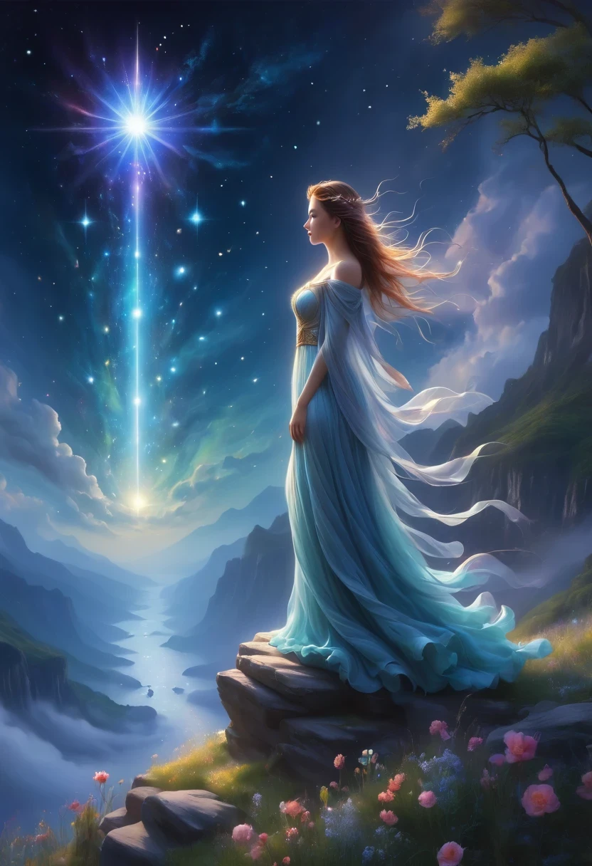 1 girl, (3D sculpture，A woman in a long dress stands on a cliff looking at the stars, space goddess, galaxy goddess, goddess in heaven, Astral ethereal, Dreamy, Beautiful celestial mage, beautiful fantasy painting, beautiful fantasy art, Ethereal fantasy, very beautiful fantasy art, digital art fantasy, Charming and otherworldly, fantasy beauty, Beautiful Art Ultra HD 4K Presented by Octane，Volumetric light，natural soft light，), (Super exquisite:1.2, Loss of focus:1.2, Very colorful, Cinema lighting, chiaroscuro,Ray tracing), masterpiece, super rich,super detailed,8K, 3ddianshang\(style\)