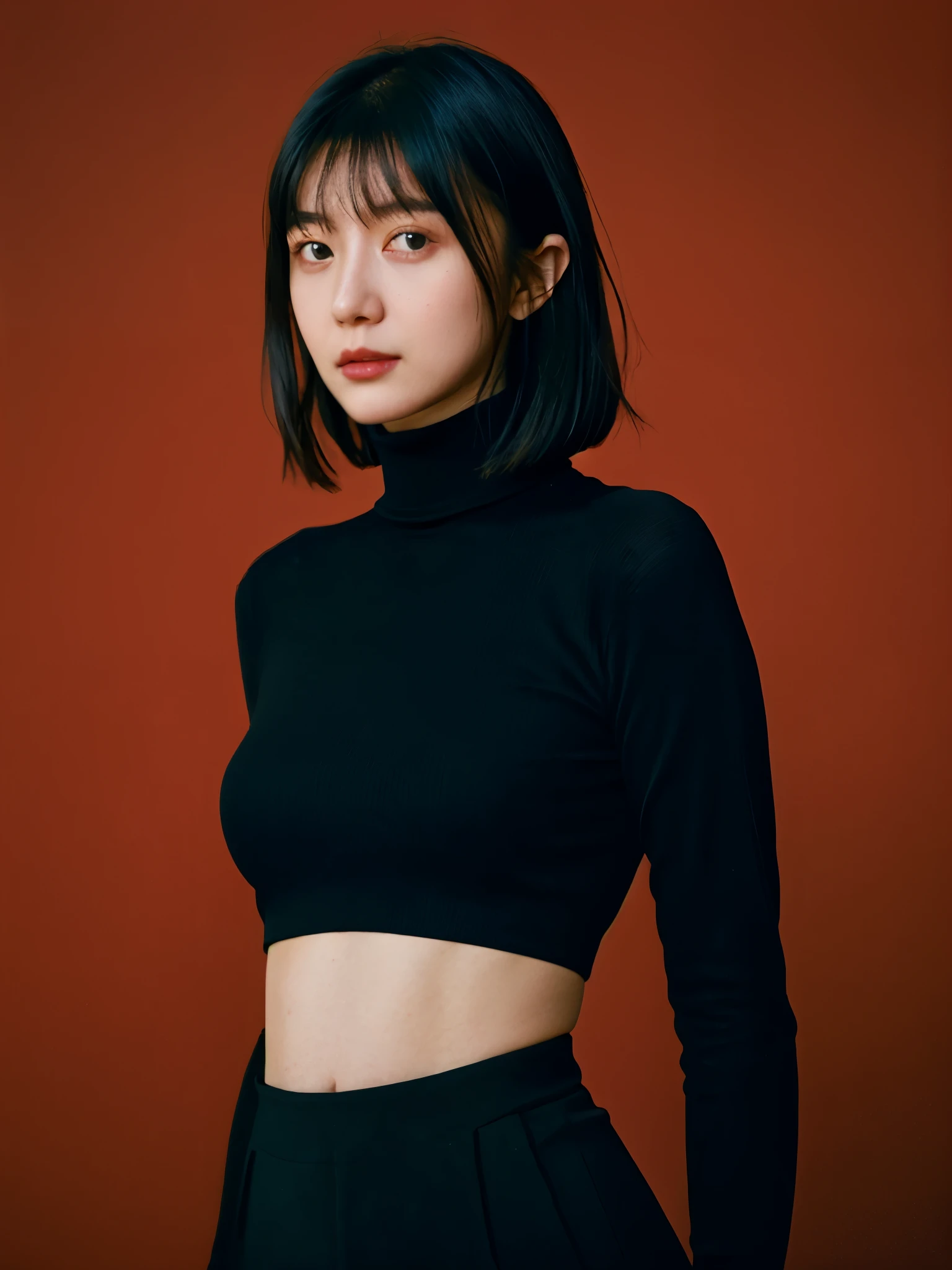 A stunning intricate full color portrait of (sks woman:1), wearing a black turtleneck with cropped in the belly part, cropped turtleneck, dark red plain background, epic character composition, by ilya kuvshinov, alessio albi, nina masic, sharp focus, natural lighting, subsurface scattering, f1.8, 35mm, film grain, black bob hair