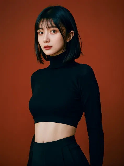 A stunning intricate full color portrait of (sks woman:1), wearing a black turtleneck with cropped in the belly part, cropped tu...