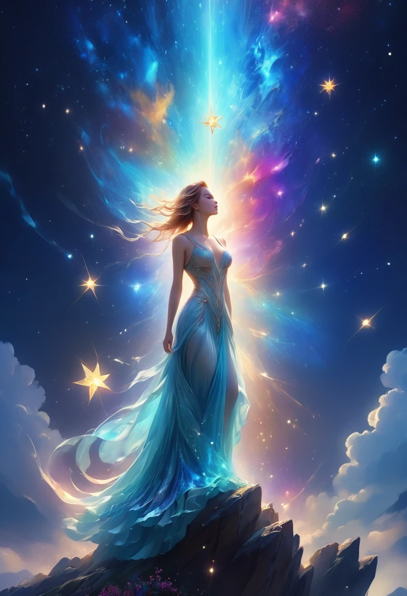 1 girl, (3D sculpture，A woman in a long dress stands on a cliff looking at the stars, space goddess, galaxy goddess, goddess in heaven, Astral ethereal, Dreamy, Beautiful celestial mage, beautiful fantasy painting, beautiful fantasy art, Ethereal fantasy, very beautiful fantasy art, digital art fantasy, Charming and otherworldly, fantasy beauty, Beautiful Art Ultra HD 4K Presented by Octane，Volumetric light，natural soft light，), (Super exquisite:1.2, Loss of focus:1.2, Very colorful, Cinema lighting, chiaroscuro,Ray tracing), masterpiece, super rich,super detailed,8K, 3ddianshang\(style\)