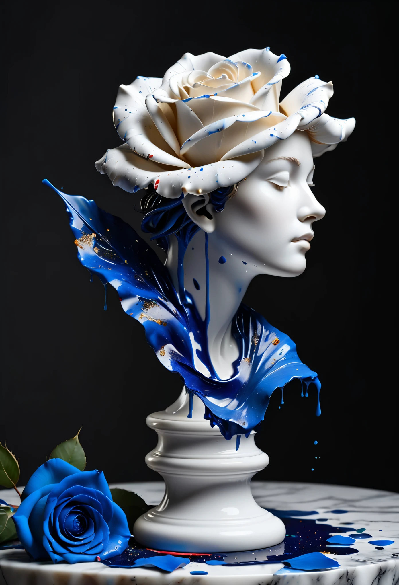 (最佳图像质量，4k,8千，高清，杰作:1.2)，极其详细，(逼真，逼真，逼真:1.37)。油漆溅到 （3D人像雕塑，纯白色雕塑，大理石雕塑），（静物餐桌布置，深色背景布，台面上散落着蓝色玫瑰花瓣）