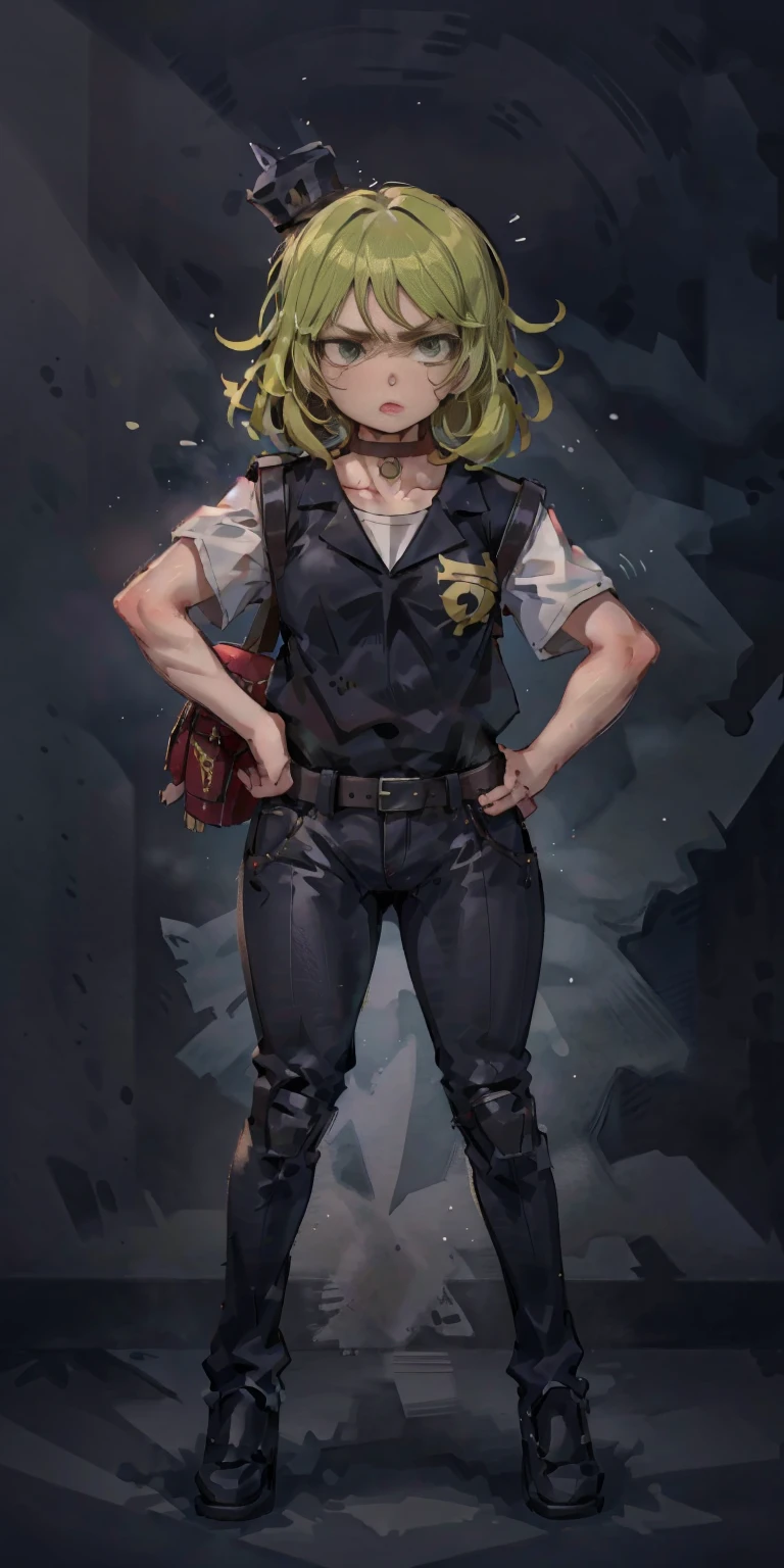 ((black background)) Tatsumaki kneel on WHITE sheet, short bob hair green hair, GREEN EYES, kindergarten_uniform,yellow hat,red school bag, leather choker collar slave , (hands on hips, clenching fist 👊 ✊️)