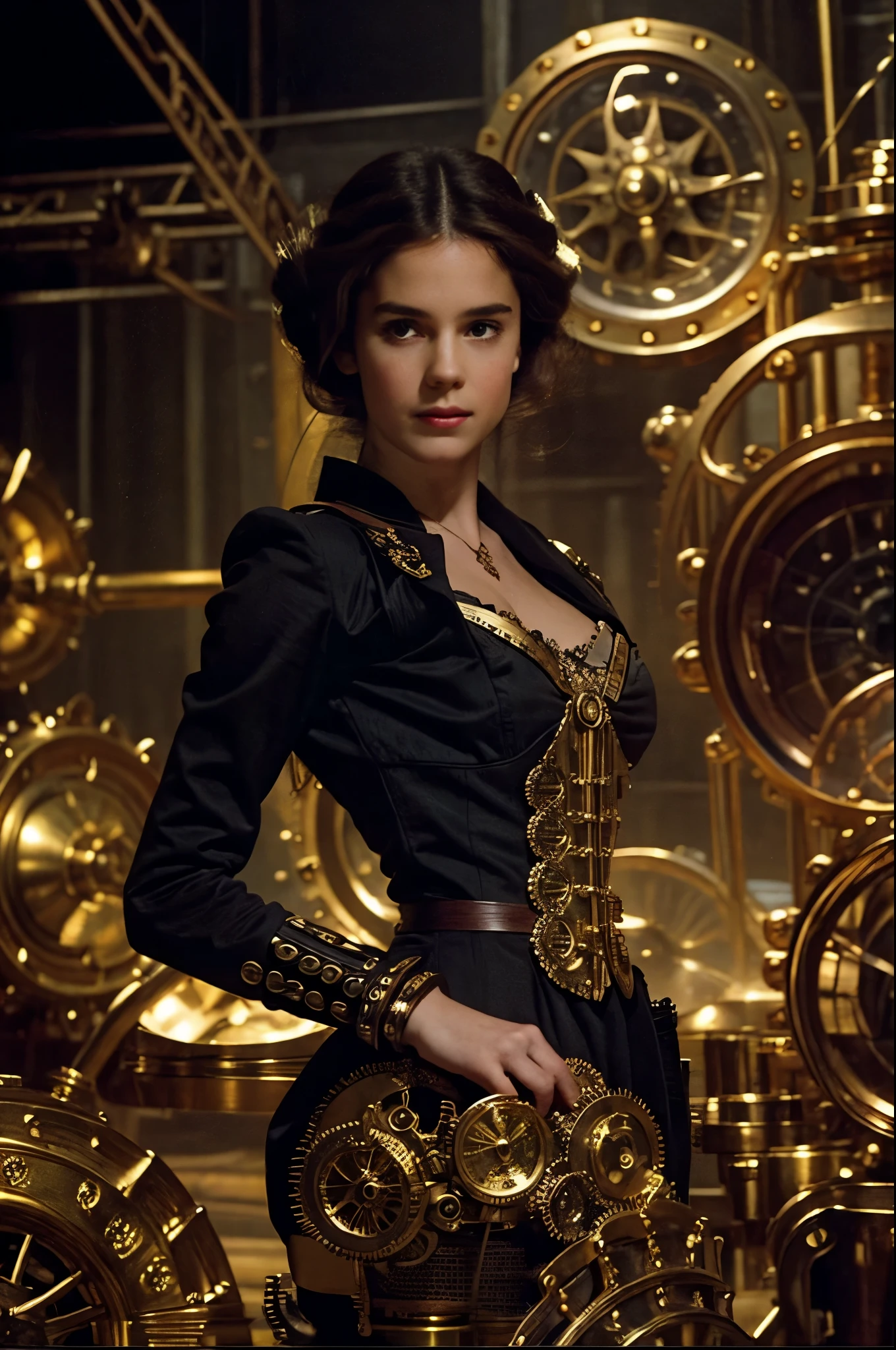 Erstellen Sie ein faszinierendes Bild eines Steampunk-Pin-up-Ingenieurs in einem viktorianisch inspirierten Outfit, umgeben von wirbelnden Zahnrädern und atmosphärischem Dampf. Betonen Sie komplizierte Details wie Messing-Accessoires und skurrile Erfindungen, und fängt dabei den selbstbewussten Ausdruck und die kreative Aura des Ingenieurs ein. Versetzen Sie den Betrachter in eine Welt, in der Retro-Futurismus auf Eleganz trifft, lädt sie ein, die Wunder dieses fantastischen Reiches zu erkunden.