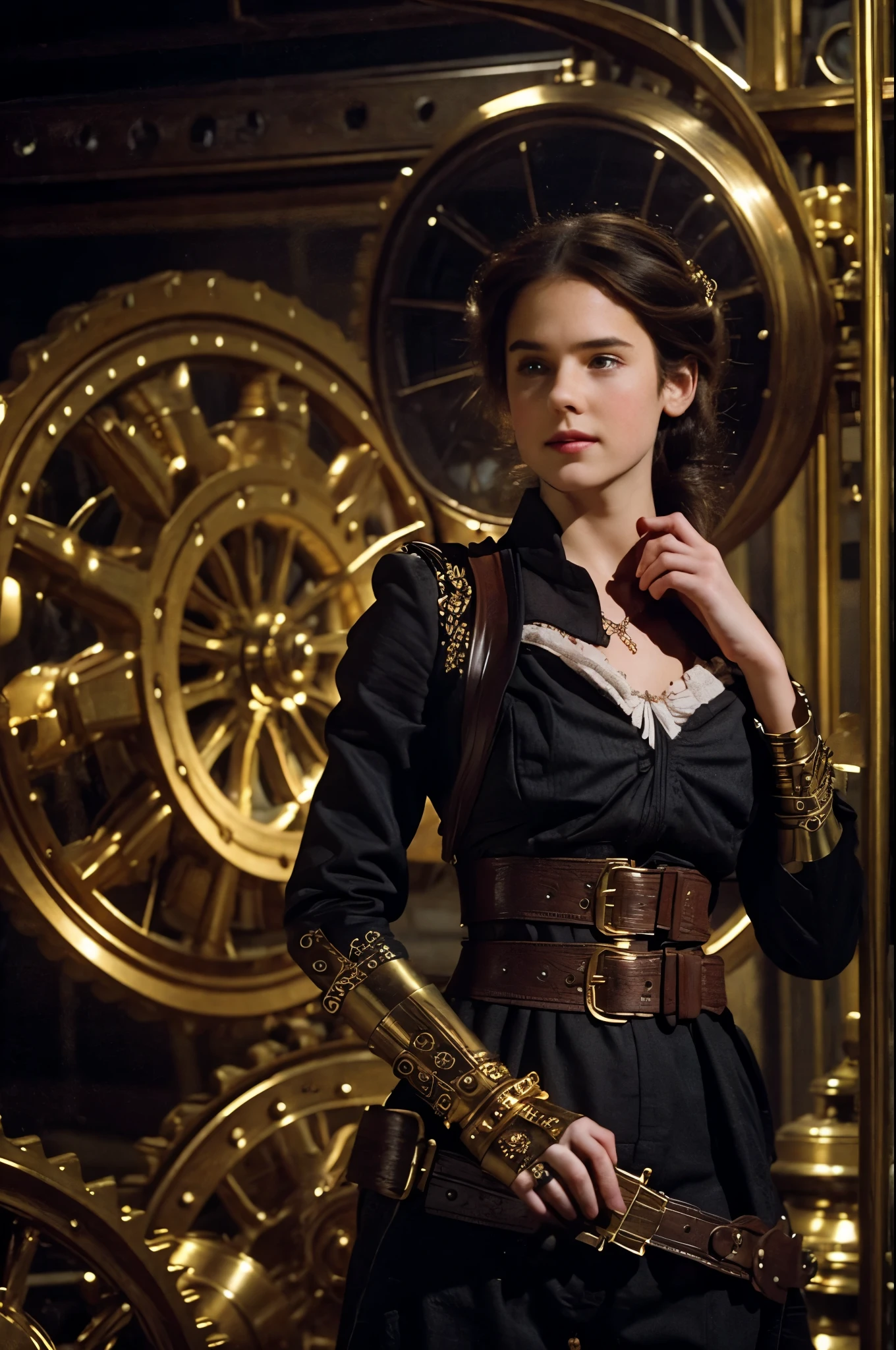 Create a mesmerizing image of a steampunk pin-up engineer in a Victorian-inspired outfit, surrounded by swirling gears and atmospheric steam. Emphasize intricate details like brass accessories and whimsical inventions, while capturing the engineer's confident expression and creative aura. Transport the viewer to a world where retro-futurism meets elegance, inviting them to explore the wonders of this fantastical realm.