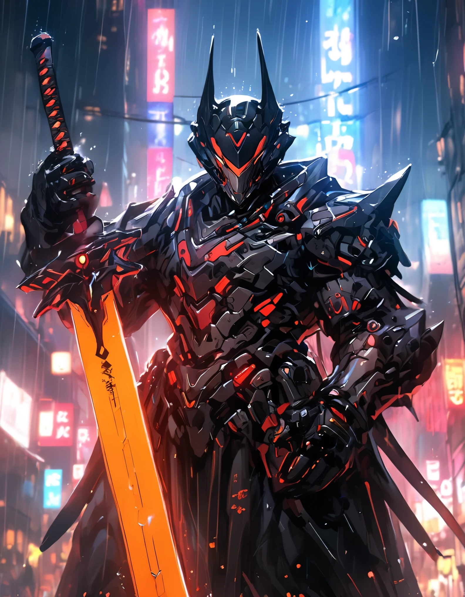 A close up of a person holding a sword in a city - SeaArt AI