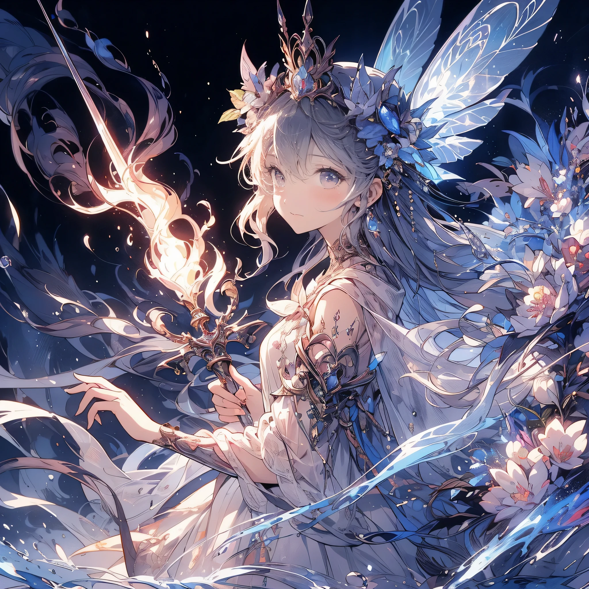 (exquisite, beautiful, very detailed, masterpiece, high quality,High resolution),(soft thin lines:1.2, beautiful and delicate face),In the darkness, a fairy princess knight holds a sword wrapped in flame magic and looks at me.,body whole,from a little far away,butterfly-like fairy wings, The fire is rising,((A red dress with a flame motif,lace and jewels and frills)),(The ends of her hair look like flames,The ends of the hair shine),(earrings,beautiful choker,Gold ankles),(deep pink cheeks,plump pink lips,Fair skin, slim), (serious,battle scene,fantasy),Mature,