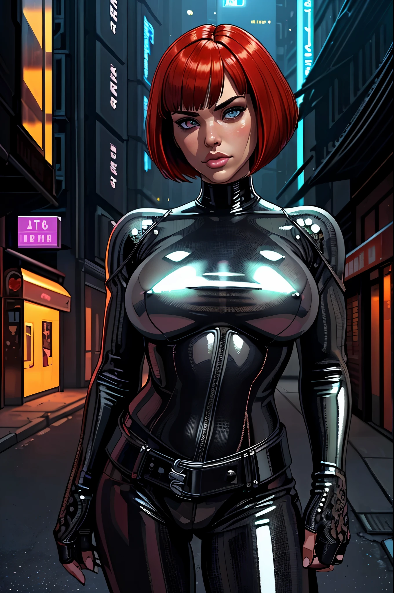 (best quality,ultra-detailed,realistic:1.37),portrait,beautiful detailed eyes,beautiful detailed lips,sexy gaze,dark atmosphere,metallic texture,shiny armor,reflective surfaces,bobcut hairstyle,futuristic fashion,leather jacket,black clothing,urban setting,city street scene,night time,neon lights,grimy alleyways,motorcycle,assassin,deadly weapon,confident stance. red hair