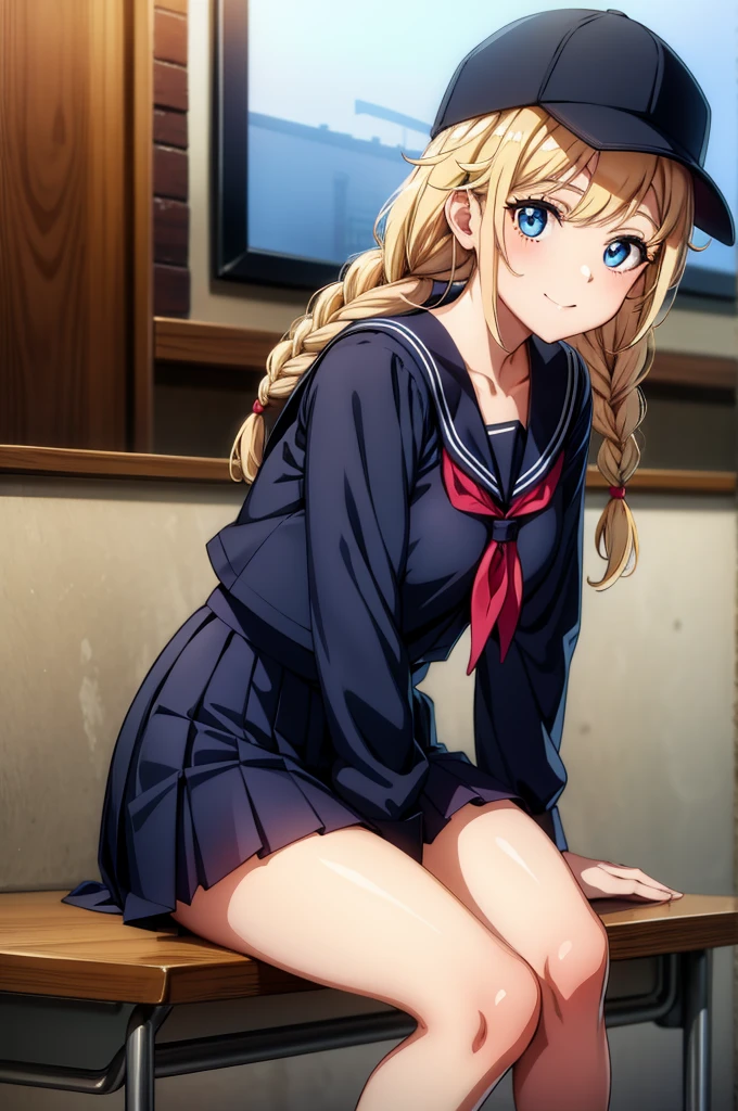 a close up of a woman in a school girl outfit sitting at a table, 1girl, watch, solo, braid, wristwatch, blue eyes, hat, blonde hair, long hair, skirt, , smile, sitting, serafuku, twin braids, looking at viewer, indoors, holding, desk, baseball cap, pleated skirt, black headwear, sailor collar, white sailor collar