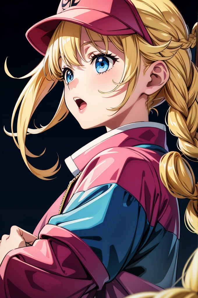 best quality, ultra-detailed, high resolution, extremely detailed cg, anime picture, unity 8k wallpaper, pov, 1girl, gotou hitori, upper body, jacket, long hair, one side up, open mouth, pink jacket, solo, track jacket, blue eyes, cube hair ornament, hair between eyes, hair ornament, hair over eyes, from side, upper body, Eiko Tsukimi, blue eyes, braid, twin braid, blonde hair, long hair,baseball cap
