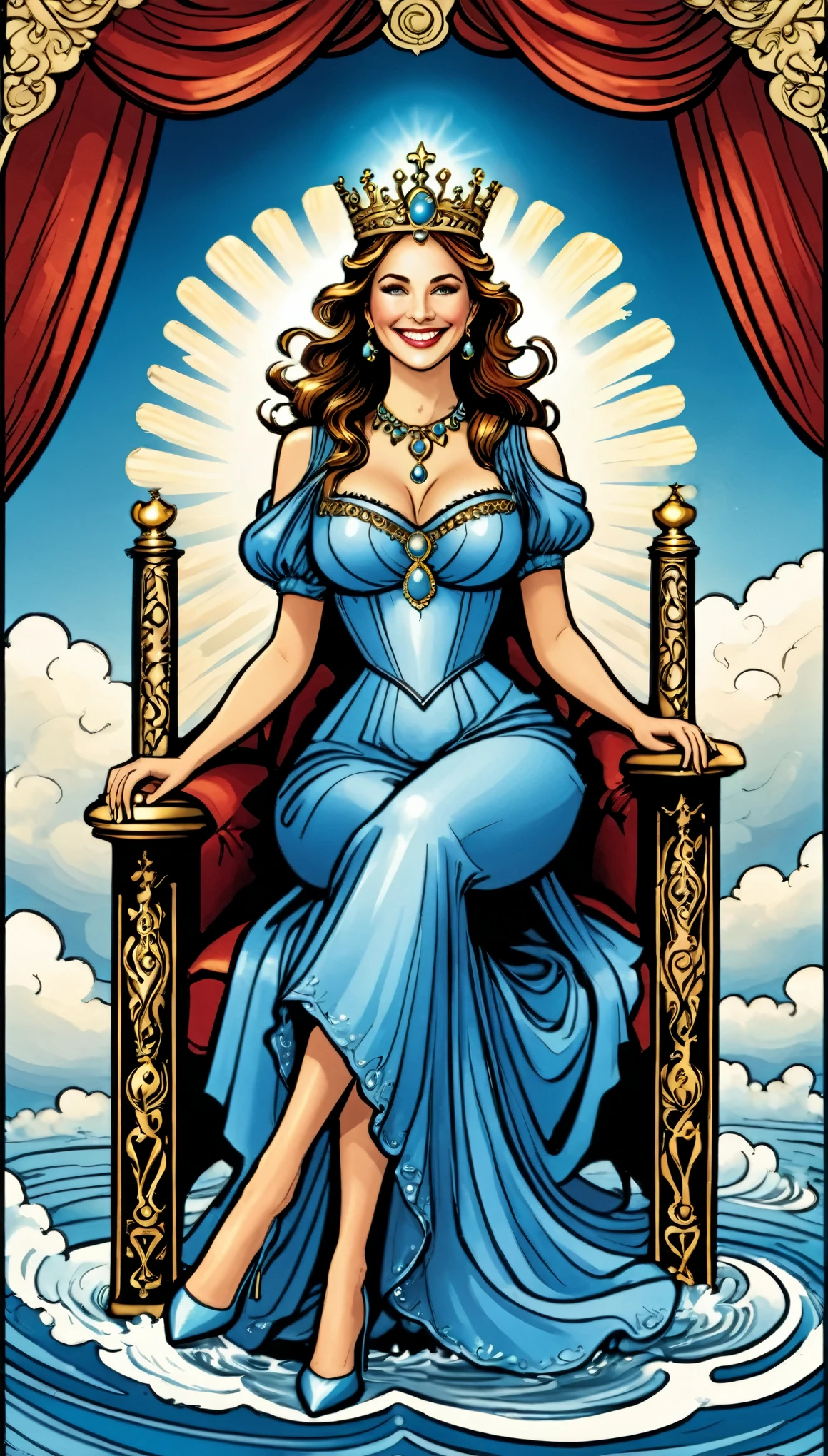 tarot card style,queen tarot card layout,(text:Queen of Cups),gorgeous smile,(full body),heels,long dress,perfect anatomy,perfect proprotions,sitting,throne,rider-waite tarot deck,cup,water,Auspicious clouds,Solid color,gorgeous color grading,crisp lines,cel shading,gorgeous gradient,glowing shadow,elegant,ultra-detailed,delicate,masterpiece,8K,intricate,(Fractal art:1.1),(Colorful:1.1),(zentangle:1.2),(abstract backgrounds:1.3)