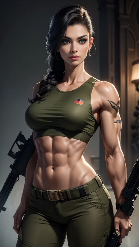 A gorgeous and stunning female soldier holding a rifle smirking, tall, statuesque, imposing, towering, biceps, triceps, eight pa...