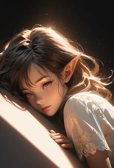 illustration，painting，acrylic painting，Rich details，Super small elf girl，Curled up，spotlight effect，full body portrait，black background，Real light and shadow contrast，Realistic ray tracing，True light falloff，True light reflection，anti-aesthetic style，Poodl...