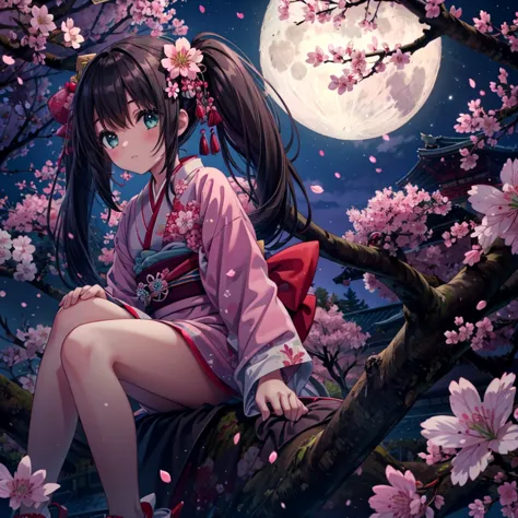 (masterpiece), best quality, 1girl, solo, a girl wearing pink kimono laying down on top of a tree with cherry blossoms at night,...