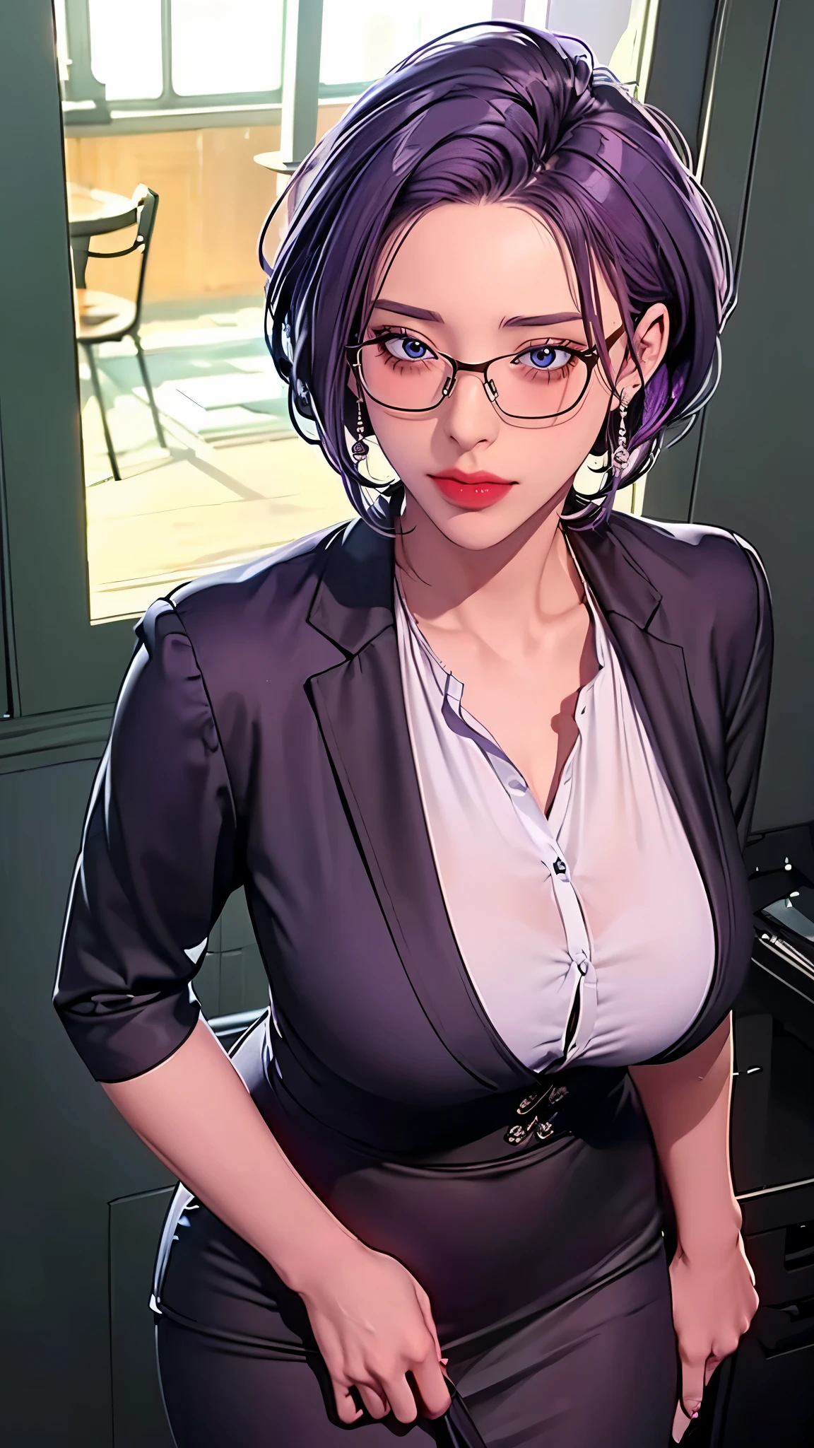 （（（Perfect figure，figure，suit， gray shirt，hip-covering skirt（（（JMT,Glasses,purple hair,short hair,purple eyes,MiJungdef，purple eyes，purple hair，medium hair，）））型figure:1.7））），((masterpiece)),high resolution, ((Best quality at best))，masterpiece，quality，Best quality，（（（ Exquisite facial features，looking at the audience,There is light in the eyes，Happy，nterlacing of light and shadow，huge boobs））），（（（looking into camera，black background，looking at viewer
standing
from above)）））