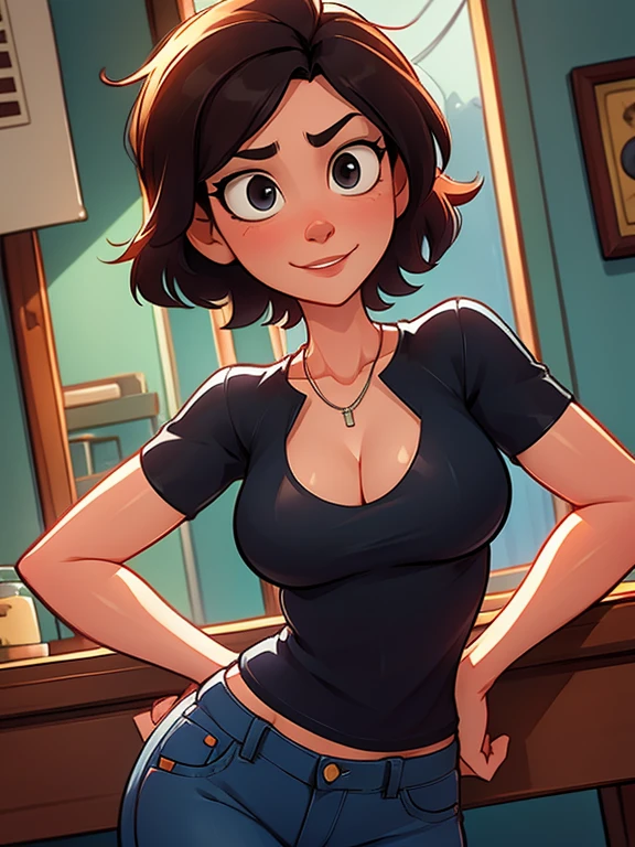 Aunt Cass Hamada from Big Hero 6, grey low-cut t-shirt, jeans, cleavage, kind friendly expression, facing camera, slender build, 