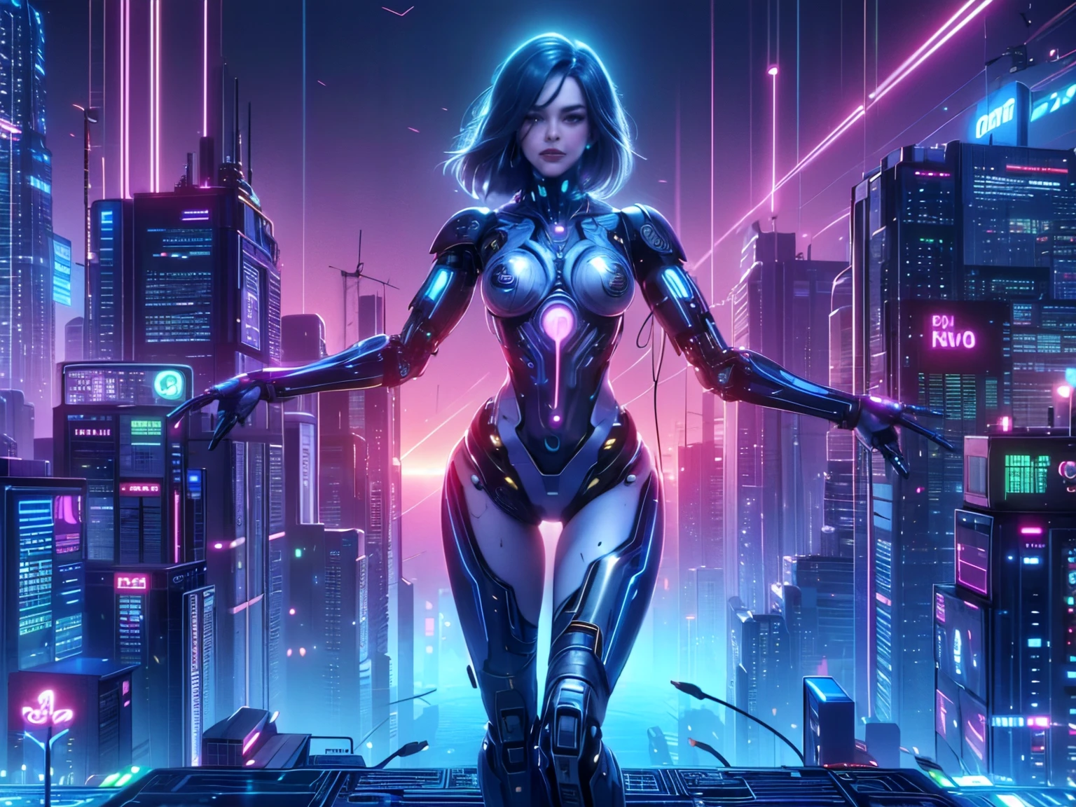 top quality, future world, State-of-the-art robot, Beautiful Woman, Transformed into a cyborg except for the face and some parts, ig model, sexy images, Wires are connected to the back of the body, As sexy as possible, Partial exposure of chest and lower body, I can see my whole body,
