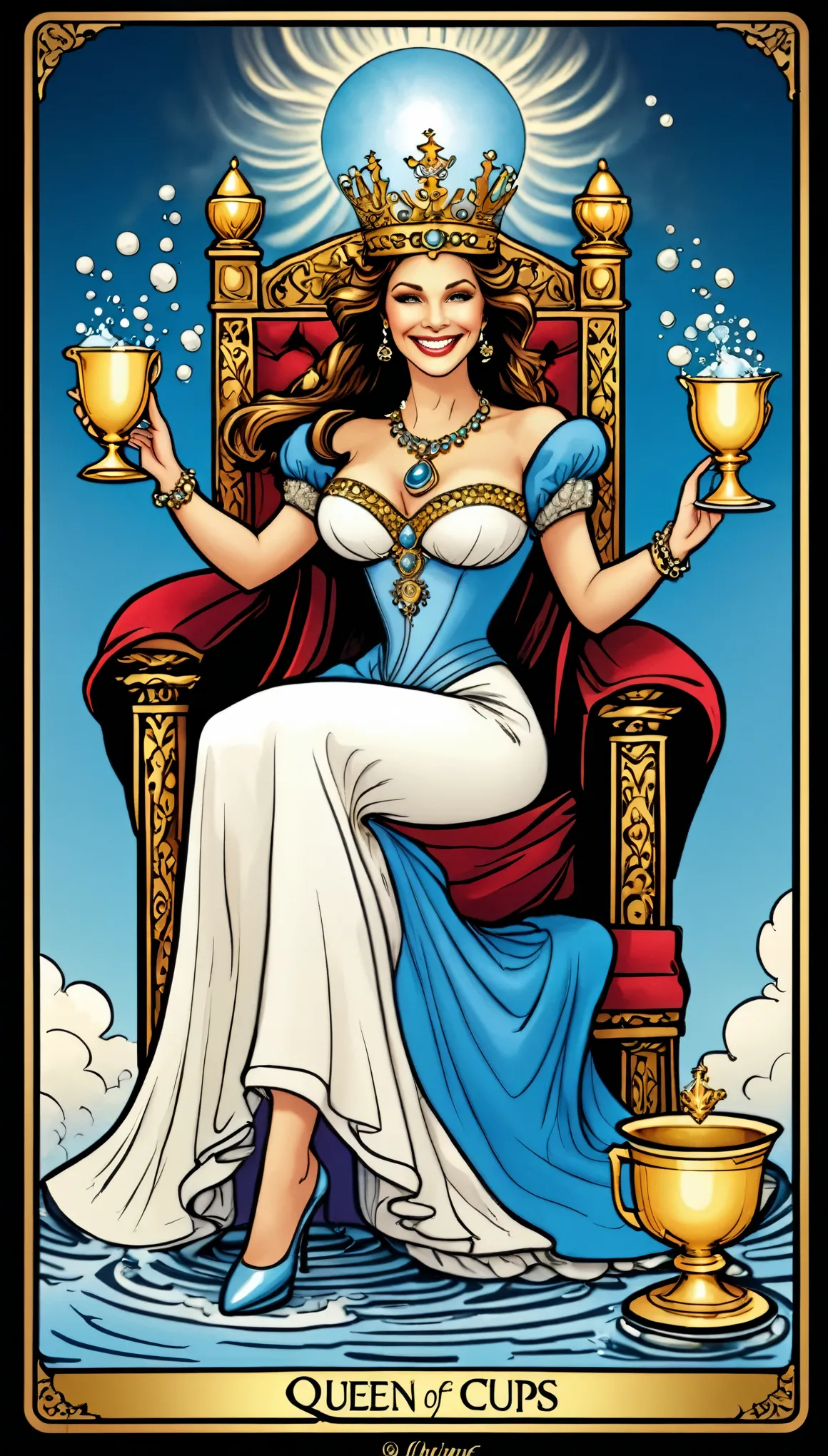 tarot card style,queen tarot card layout,(text:Queen of Cups),gorgeous smile,(full body),heels,long dress,perfect anatomy,perfect proprotions,sitting,throne,rider-waite tarot deck,cup,water,Auspicious clouds,Solid color,gorgeous color grading,crisp lines,cel shading,gorgeous gradient,glowing shadow,elegant,ultra-detailed,delicate,masterpiece,8K,intricate,(Fractal art:1.1),(Colorful:1.1),(zentangle:1.2),(abstract backgrounds:1.3)